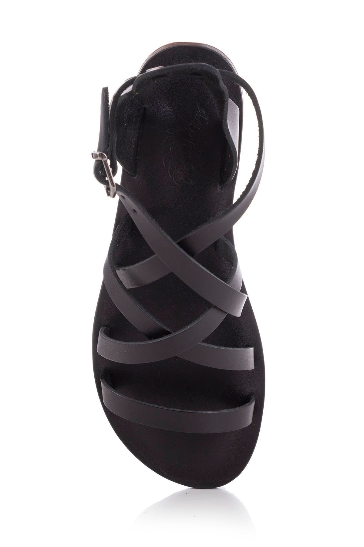 صندل سیاه زنانه و سفید چرمی دست ساز ساخته شده است. DaphneSandals