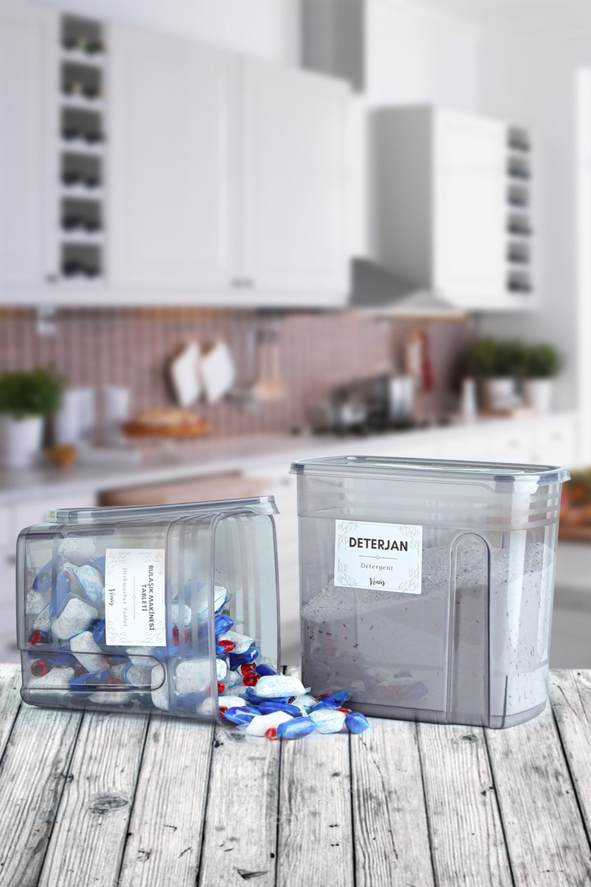 Karçiçeği Home-2-Piece 3.5 Lt Detergent Box with Scale Label 2 Lt Dishwasher Tablet Jar Box Organizer 4