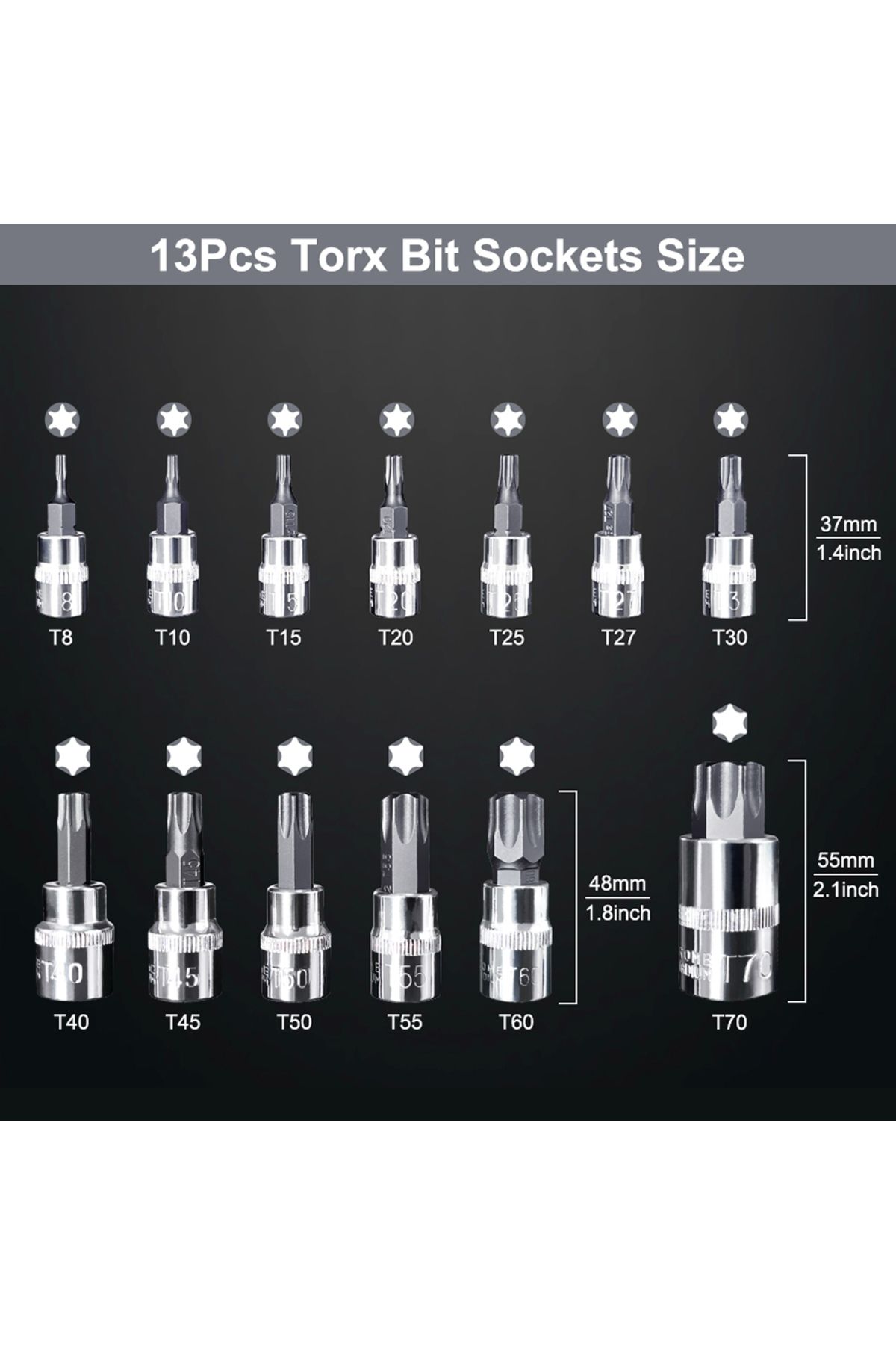 Choice-13pc Torx Star Bit Socket Nuts Set 1/4 3/8 and 1/2" Drive T8 - T70 Home Tool Kits 2