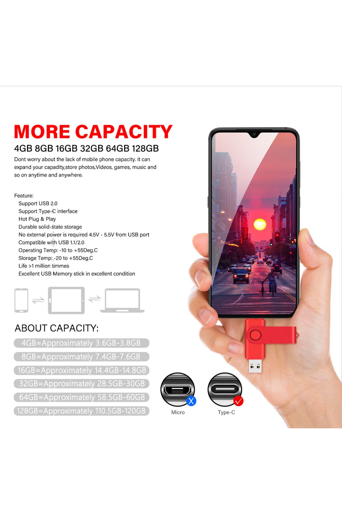 JASTER-TYPE-C USB Flash Drive 128GB 2 in 1 Red Memory Stick 32GB Rotatable Pen Drive 64GB Pendrive for M... 5
