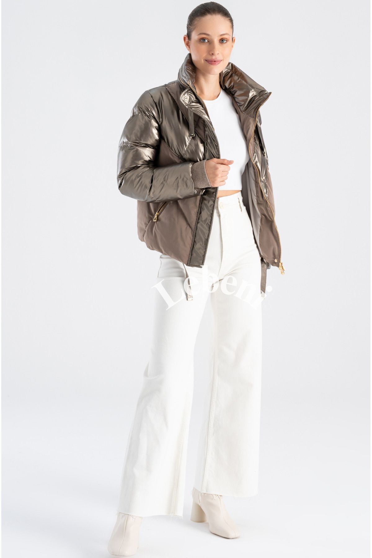 Lebeni  Kadın Şişme Mont - Kış Ve Kayak Montu Gizli Kapüşonlu Parlak Ve Mat Kumaş Puffer Mont - Görsel 3