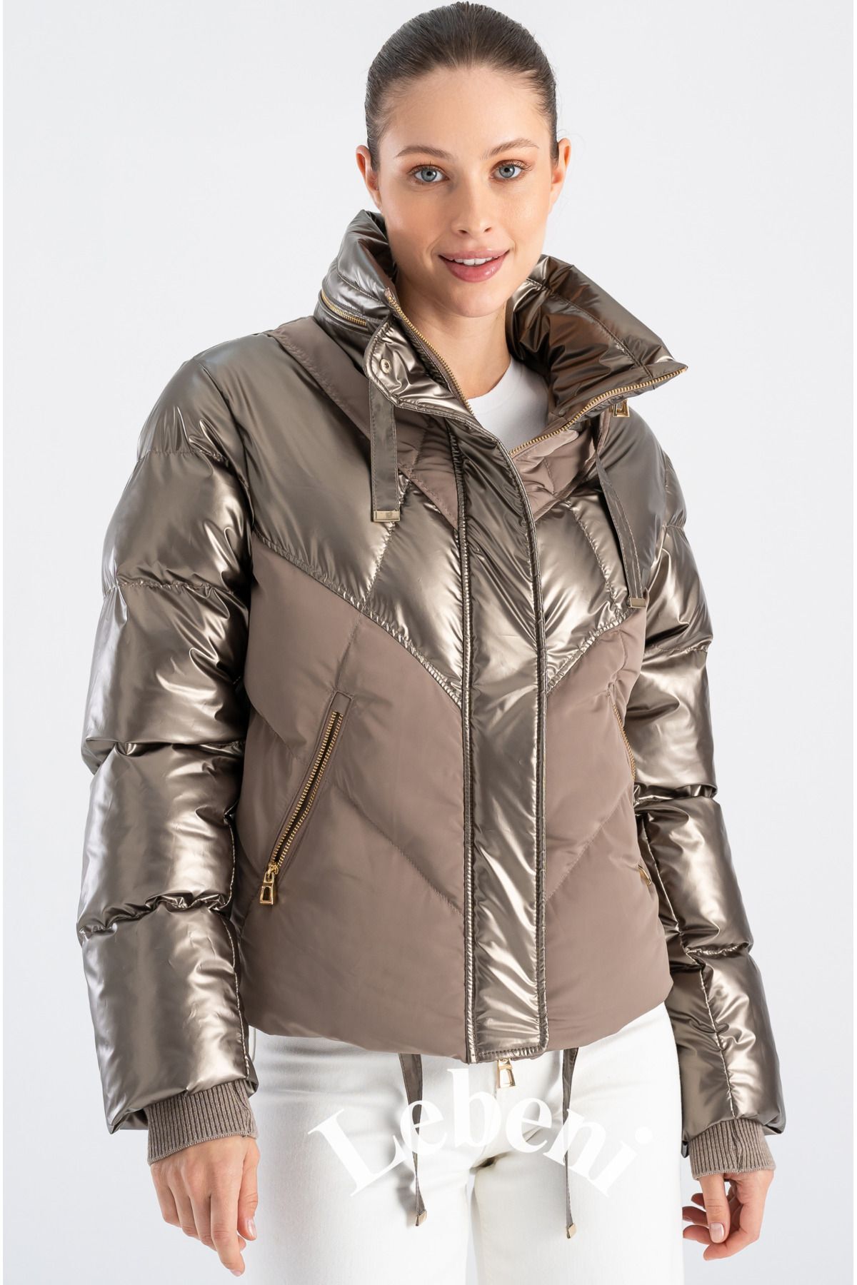 Lebeni  Kadın Şişme Mont - Kış Ve Kayak Montu Gizli Kapüşonlu Parlak Ve Mat Kumaş Puffer Mont - Görsel 9