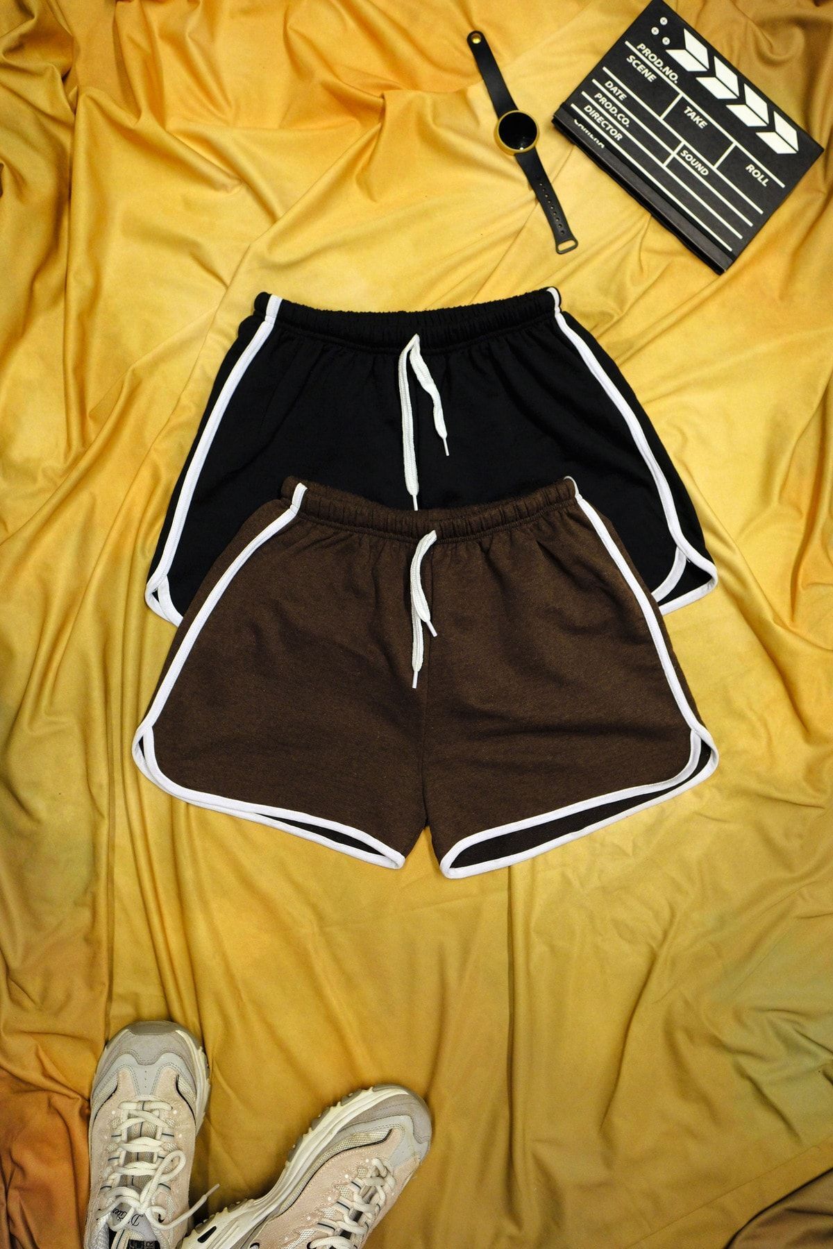 Black Brown Color White Combed Cotton Slit Drawstring Mini Shorts