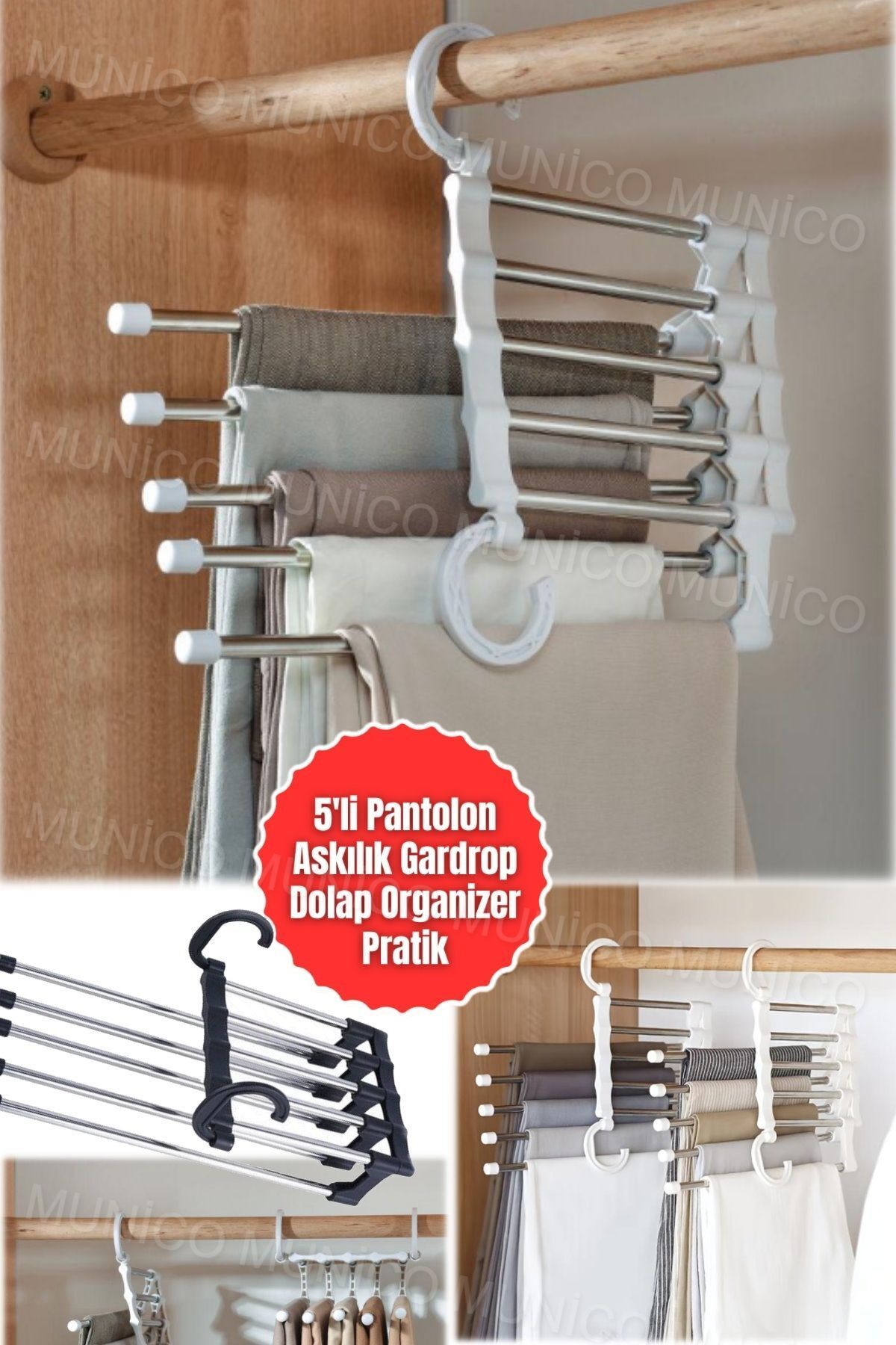 Munico Paslanmaz Çelik Pantolon Askısı İle Daha Düzenli Bir Gardırop Katlanabilir Pantolon Rafı Pratik Şık