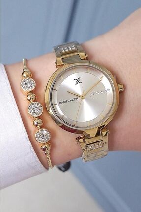 Daniel Klein Altın Sarısı Çelik Bilezik Kadın Kol Saati + Zirkon Taşlı Bileklik