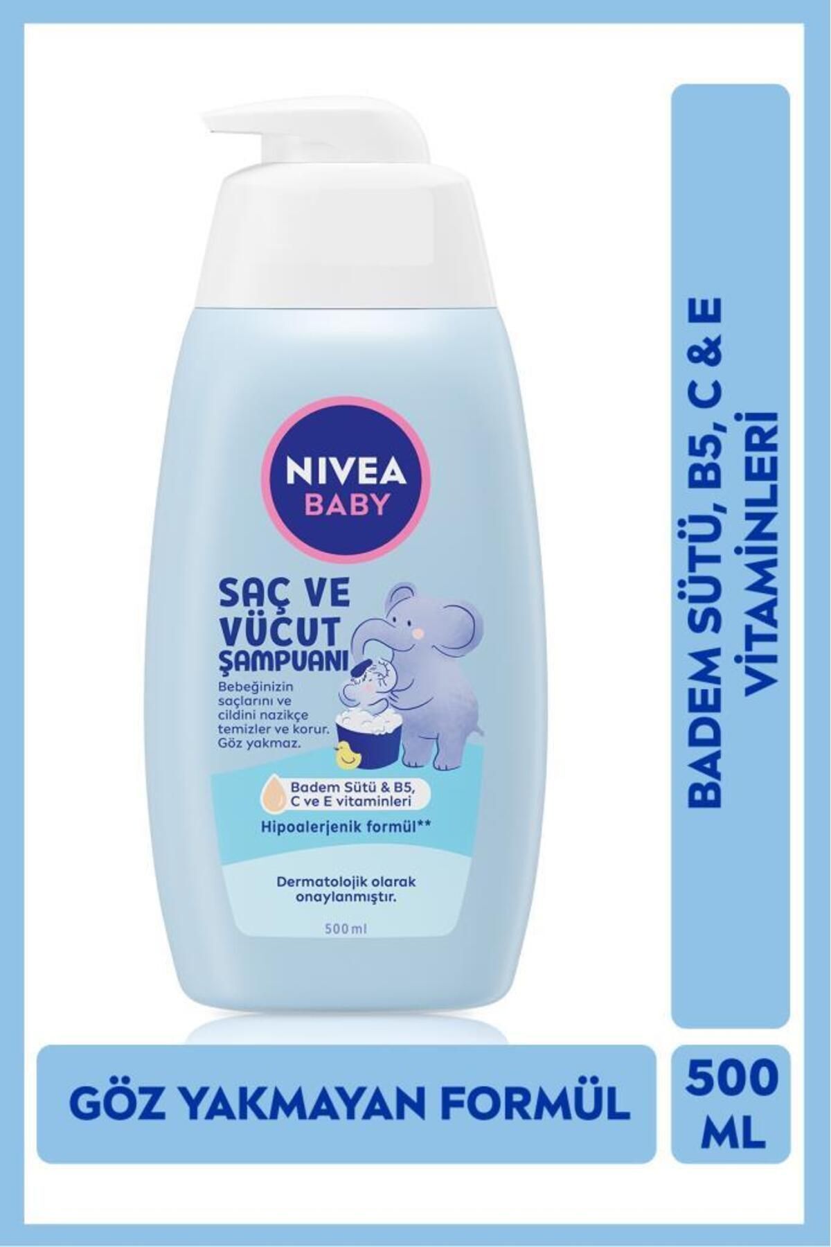 NIVEA Baby Детский шампунь для волос и тела, 500 мл, формула, не вызывающая жжения, миндальное молочко, витамин С и Е, чувствительная кожа 80512-08200-42