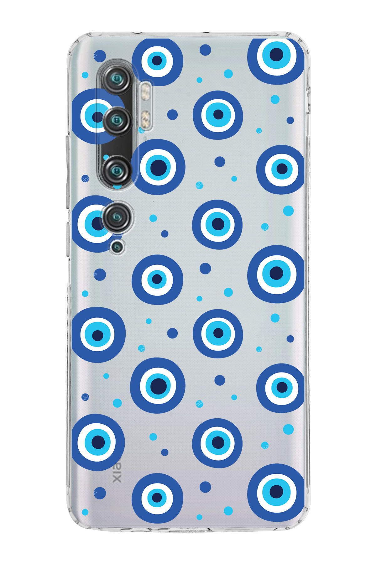 Xiaomi Mi Note 10 ile Uyumlu Nazar Boncuğu 1 Baskılı Kamera Korumalı Şeffaf Silikon Kılıf