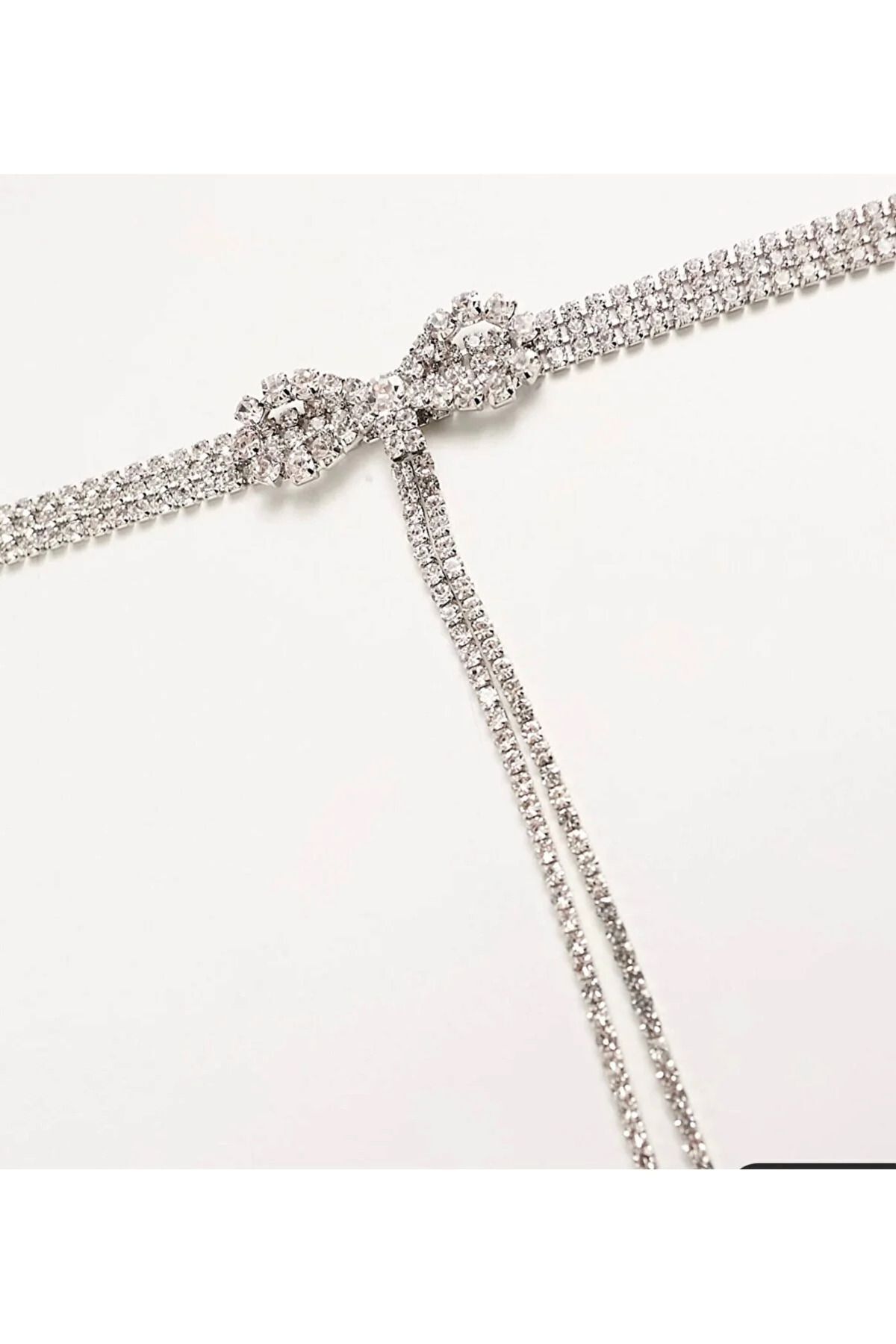 Gümüş Kaplama Su Yolu Taşlı Fiyonk Kolye Choker Kolye Nişan Kolye Parti Davet Kolye Sil