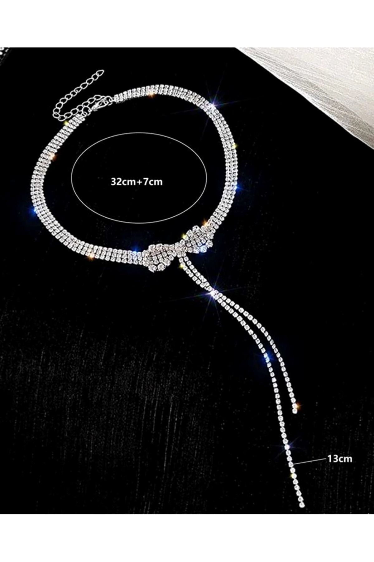 Gümüş Kaplama Su Yolu Taşlı Fiyonk Kolye Choker Kolye Nişan Kolye Parti Davet Kolye Sil