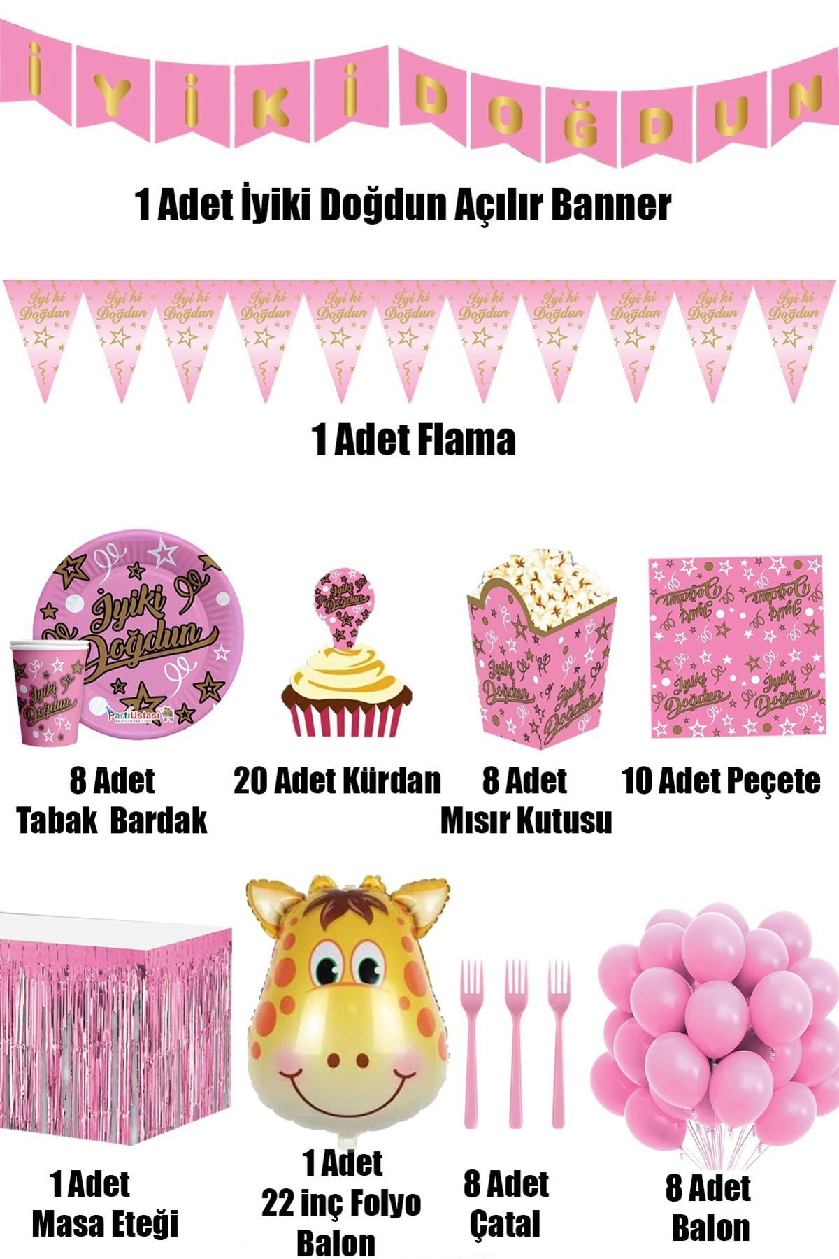 Party Time-Giraffe Pink Happy Birthday Luxury Birthday Party Supplies Set for 8 People 2