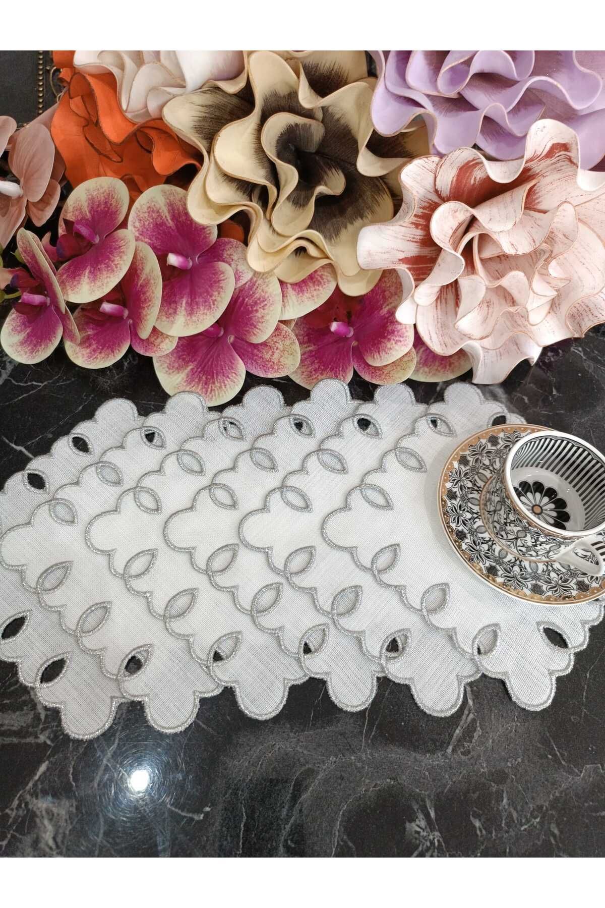 adreanna silver sim işlemeli kahve yanı, sunum peçetesi ve kokteyl peçetesi 6 adet gumus