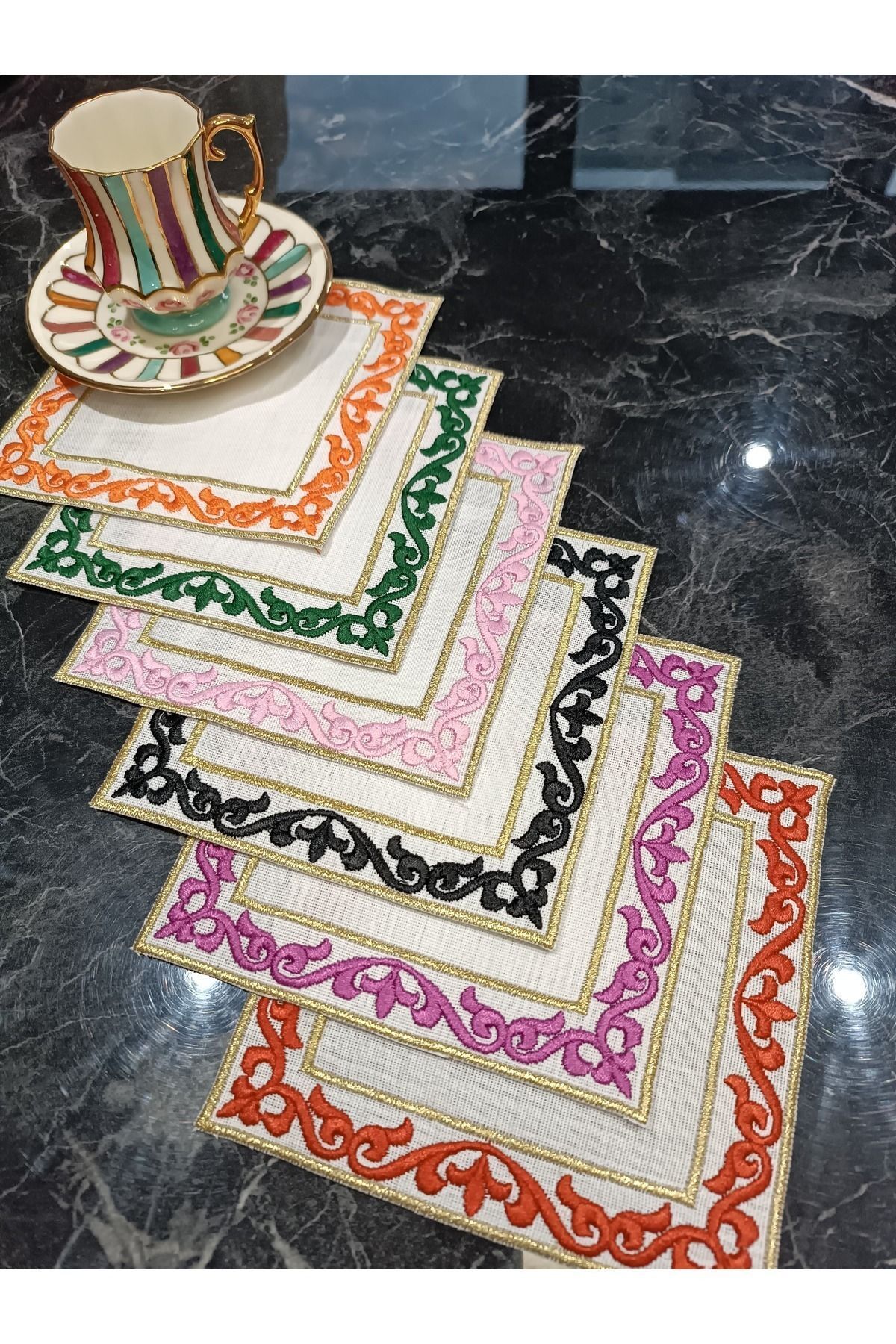 Hüma Şah Modeli 6 Adet Kokteyl Kahve Yanı peçetesi Kırmızı, Mor, Turuncu, Pembe Yeşil, siyah Renk