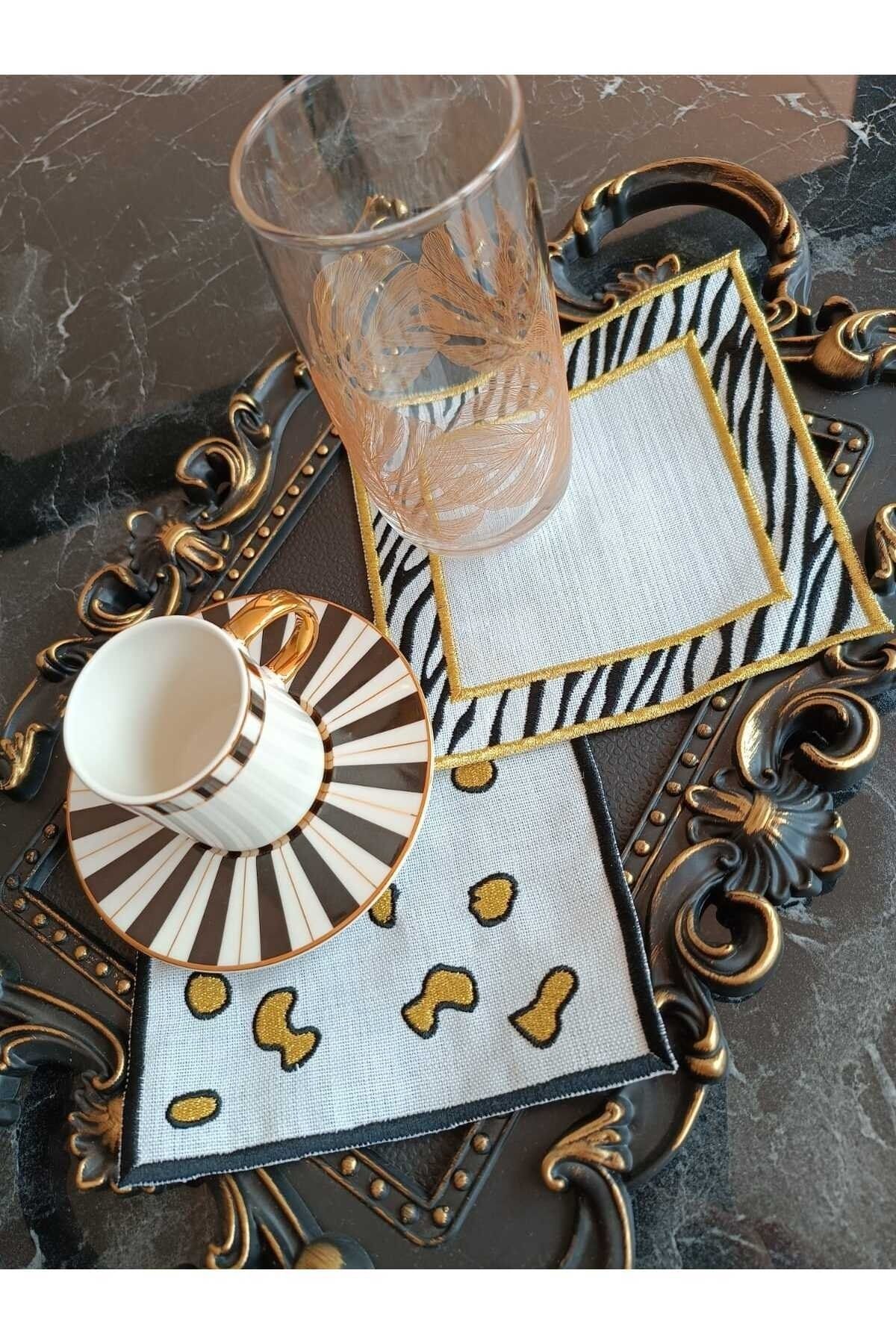 leopar ve zebra desenli gold simli kahve yanı peçete sunum peçetesi kokteyl peçete 2 adet