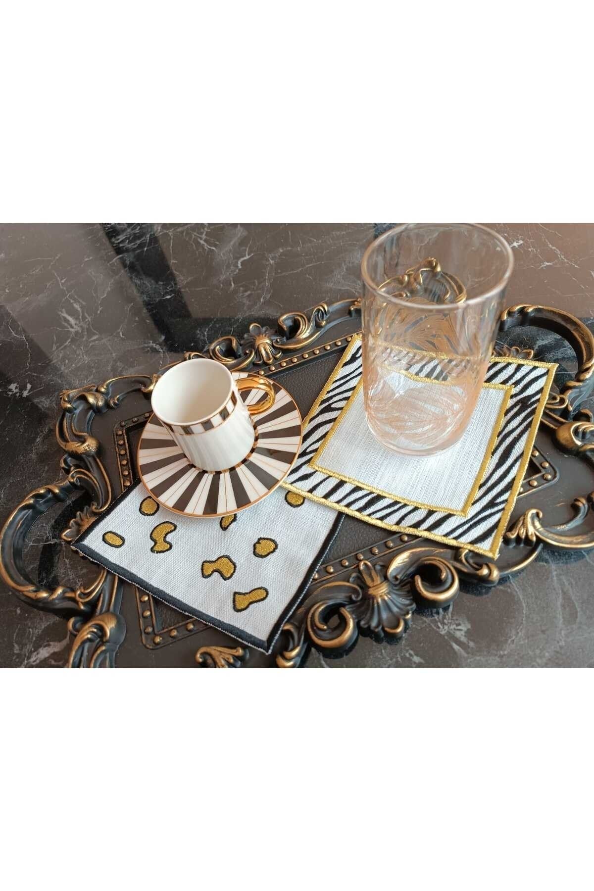 leopar ve zebra desenli gold simli kahve yanı peçete sunum peçetesi kokteyl peçete 2 adet