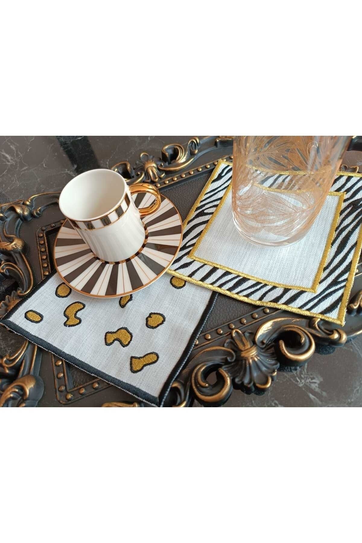 leopar ve zebra desenli gold simli kahve yanı peçete sunum peçetesi kokteyl peçete 2 adet
