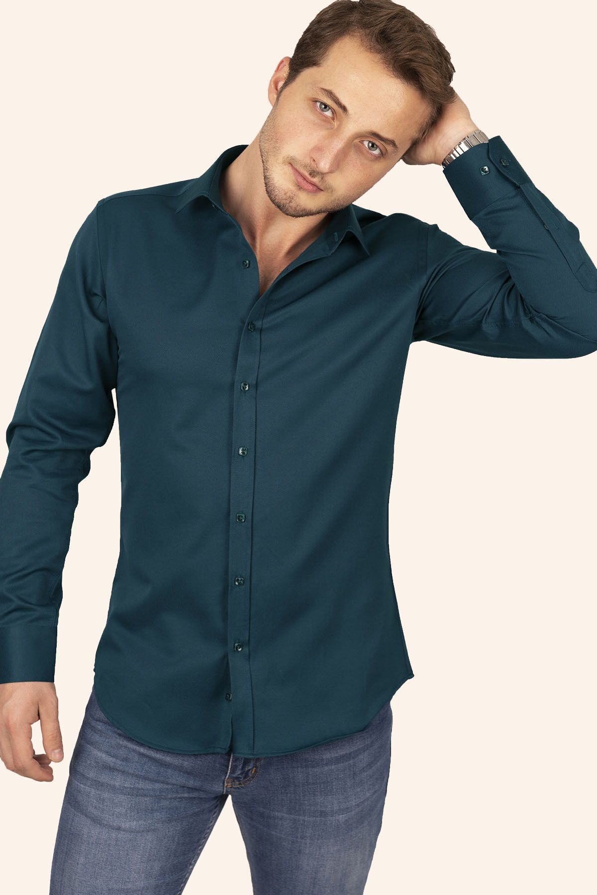 Etikmen-Smaragdově zelená Slimfit pánská košile - čtvercový knoflík, dárková krabička 8