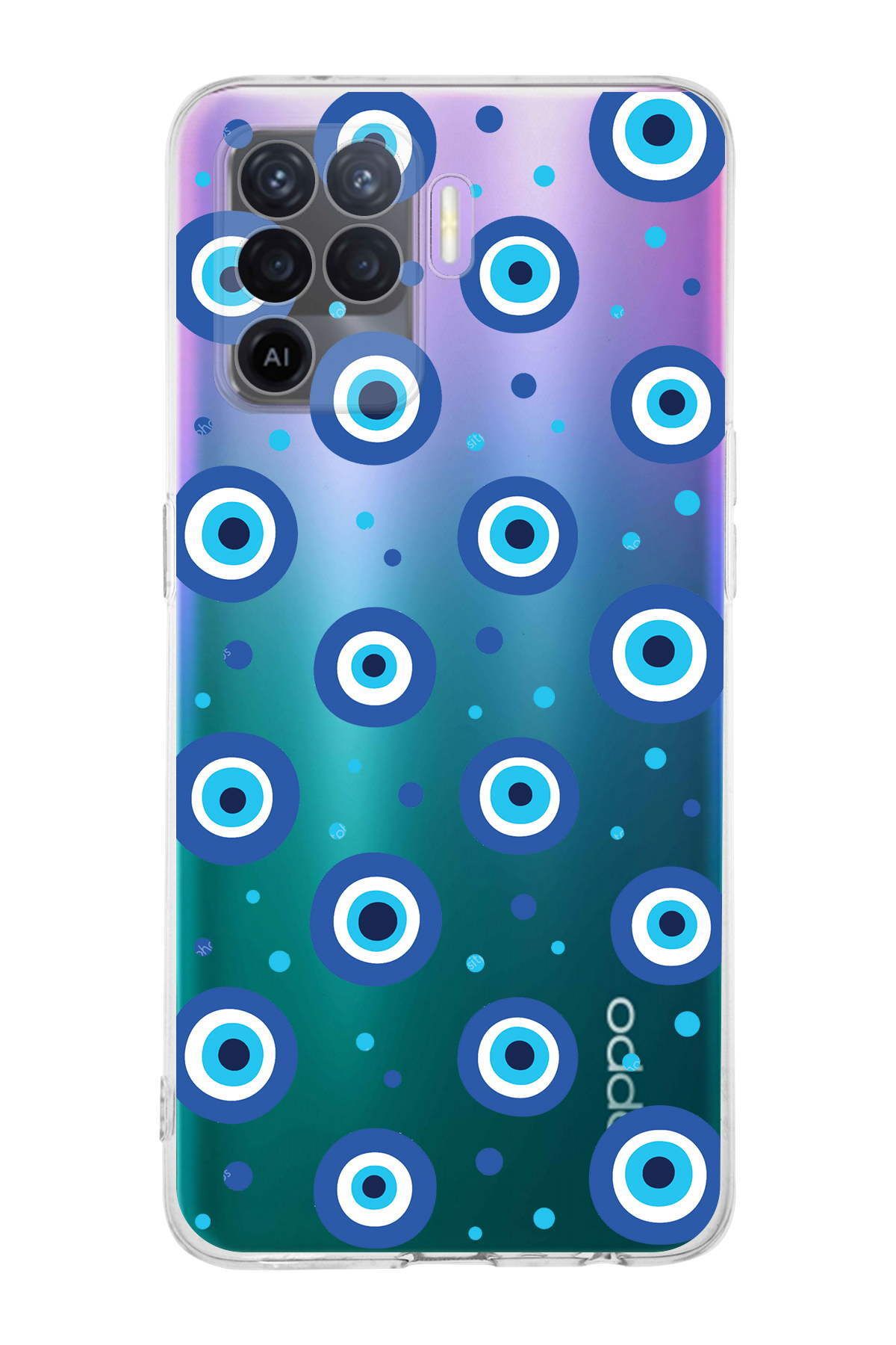 Oppo Reno 5 Lite ile Uyumlu Nazar Boncuğu 1 Baskılı Kamera Korumalı Şeffaf Silikon Kılıf