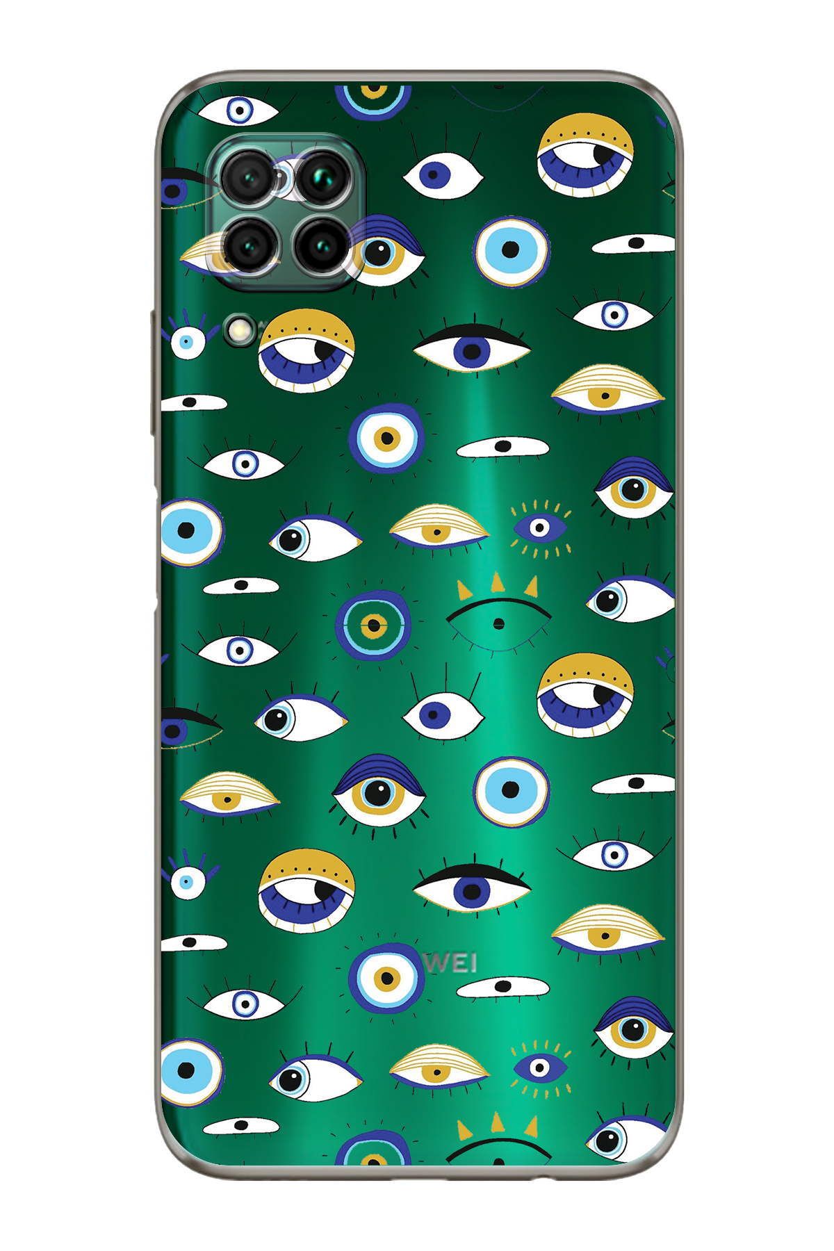 Huawei P40 Lite ile Uyumlu Nazar Boncuğu 2 Baskılı Kamera Korumalı Şeffaf Silikon Kılıf