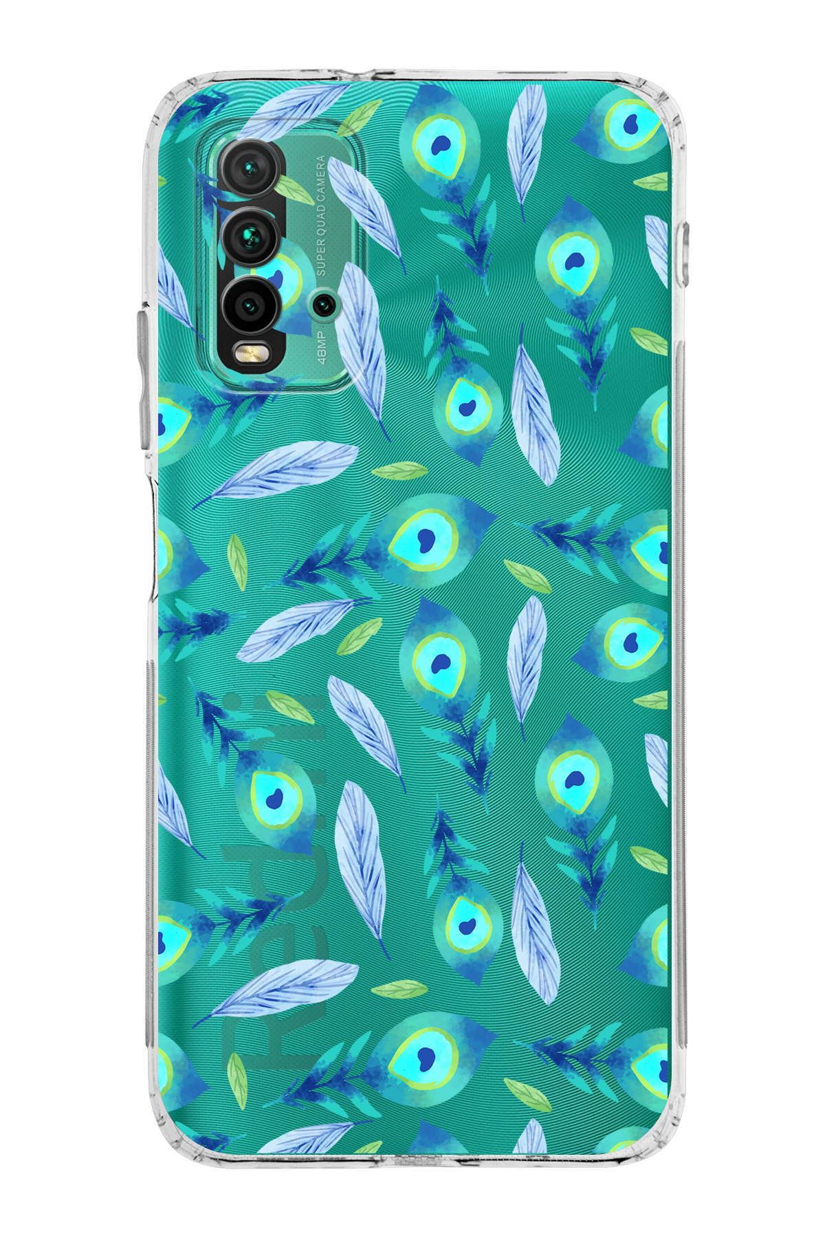 Xiaomi Redmi 9T ile Uyumlu Nazar Boncuğu 3 Baskılı Kamera Korumalı Şeffaf Silikon Kılıf
