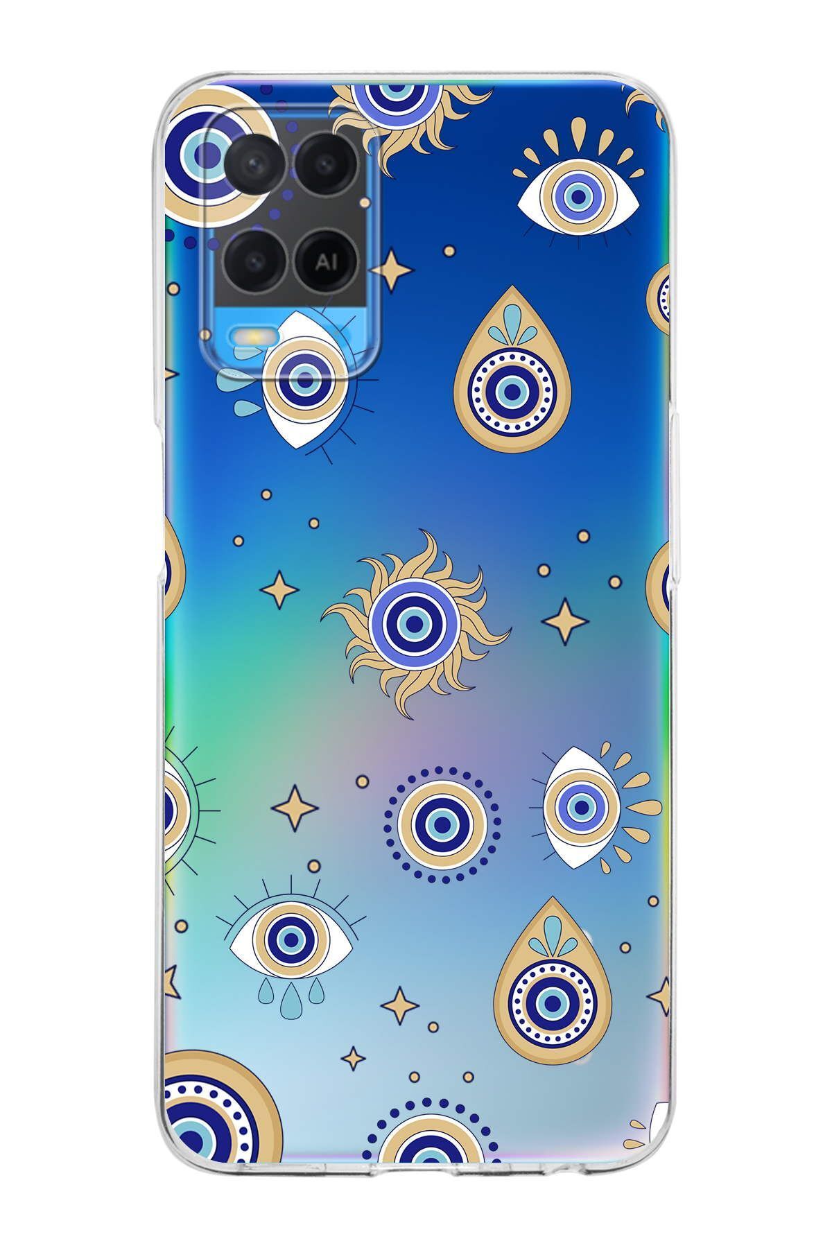 Oppo A54 4G ile Uyumlu Nazar Boncuğu 5  Kamera Korumalı Şeffaf Silikon Kılıf