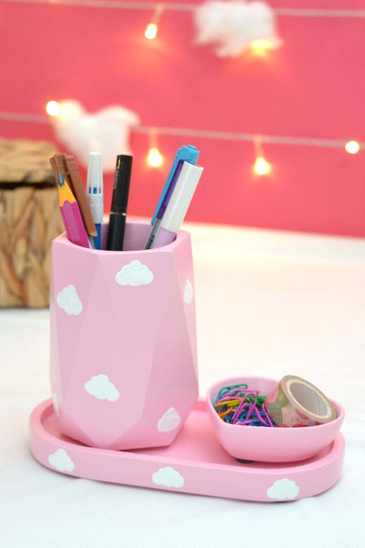 Bİ DOLU DÜKKAN Bulutlu Pembe Organizer Set (3 PARÇA)(KALEMLİK, OVAL TEPSİ VE MİNİ KALP TABAK) | Banyo Organizeri