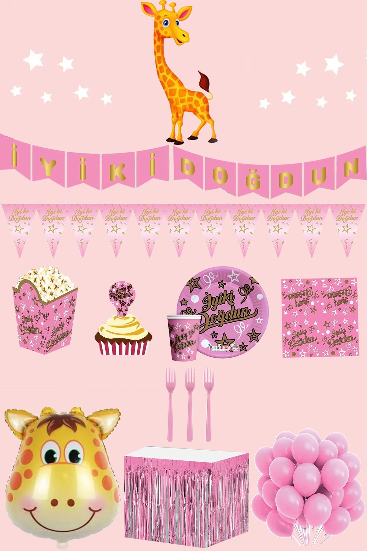 Party Time-Giraffe Pink Happy Birthday Luxury Birthday Party Supplies Set for 8 People 1