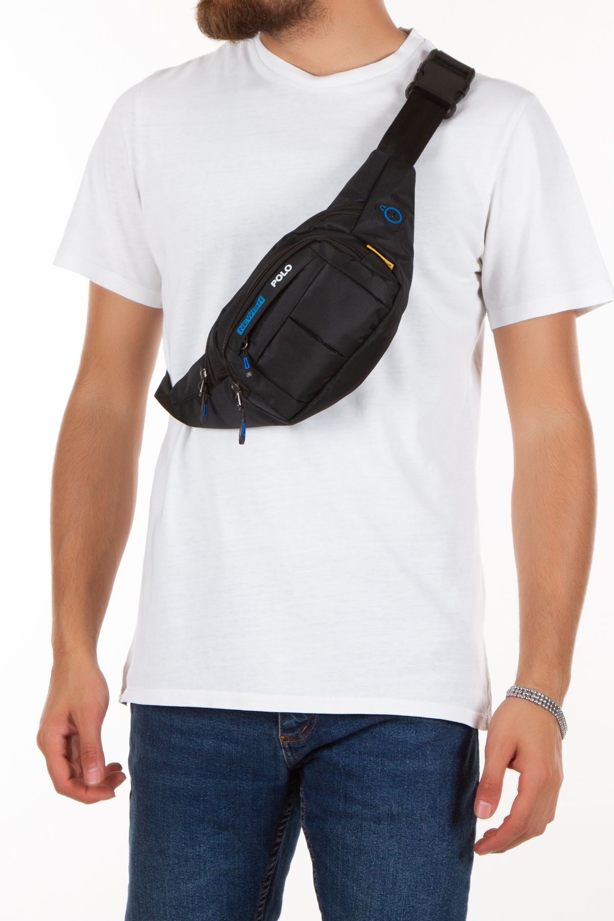 Newish Polo Unisex Siyah Mavi Su Geçirmez Usb Ve Kulaklık Girişli Bel Ve Omuz Çanta Freebag görsel 3