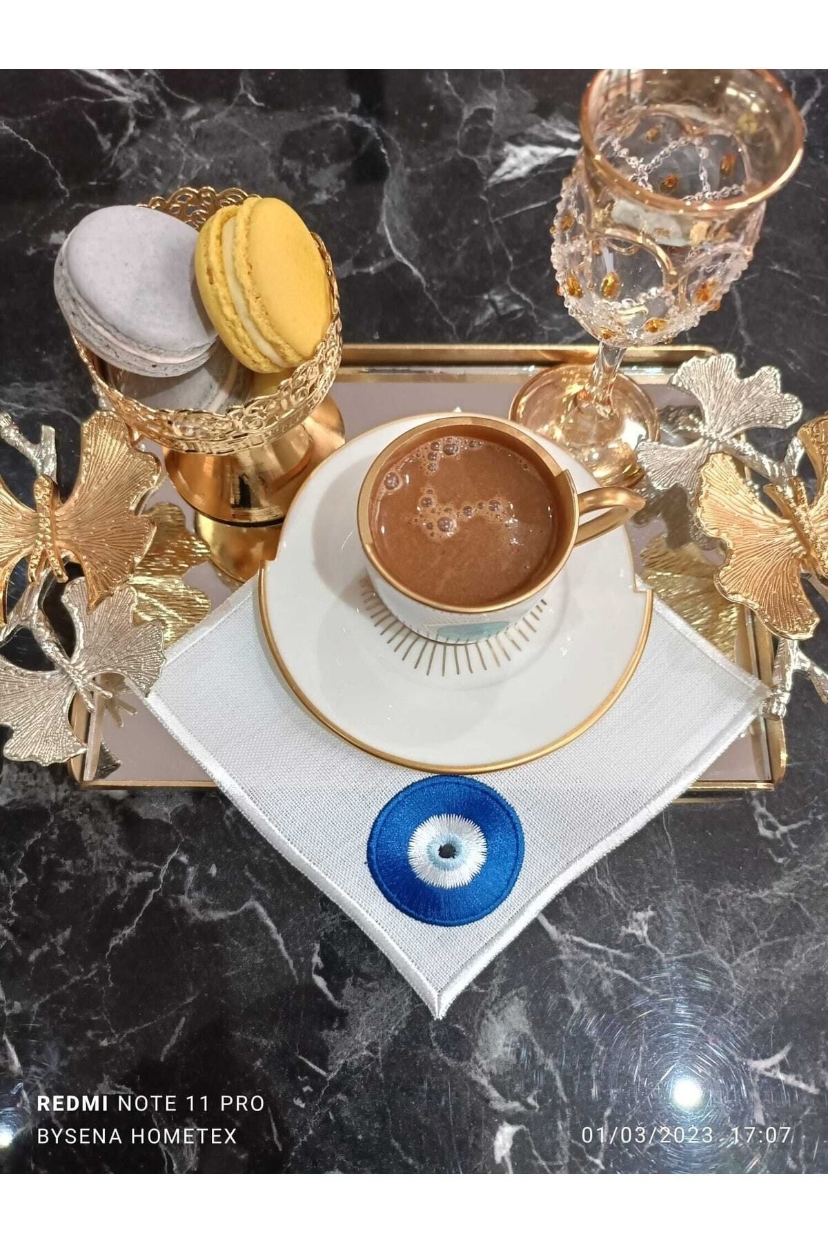 Evil Eye Bead Detailed Cocktail and Coffee Side Presentation Napkin 4 Pieces