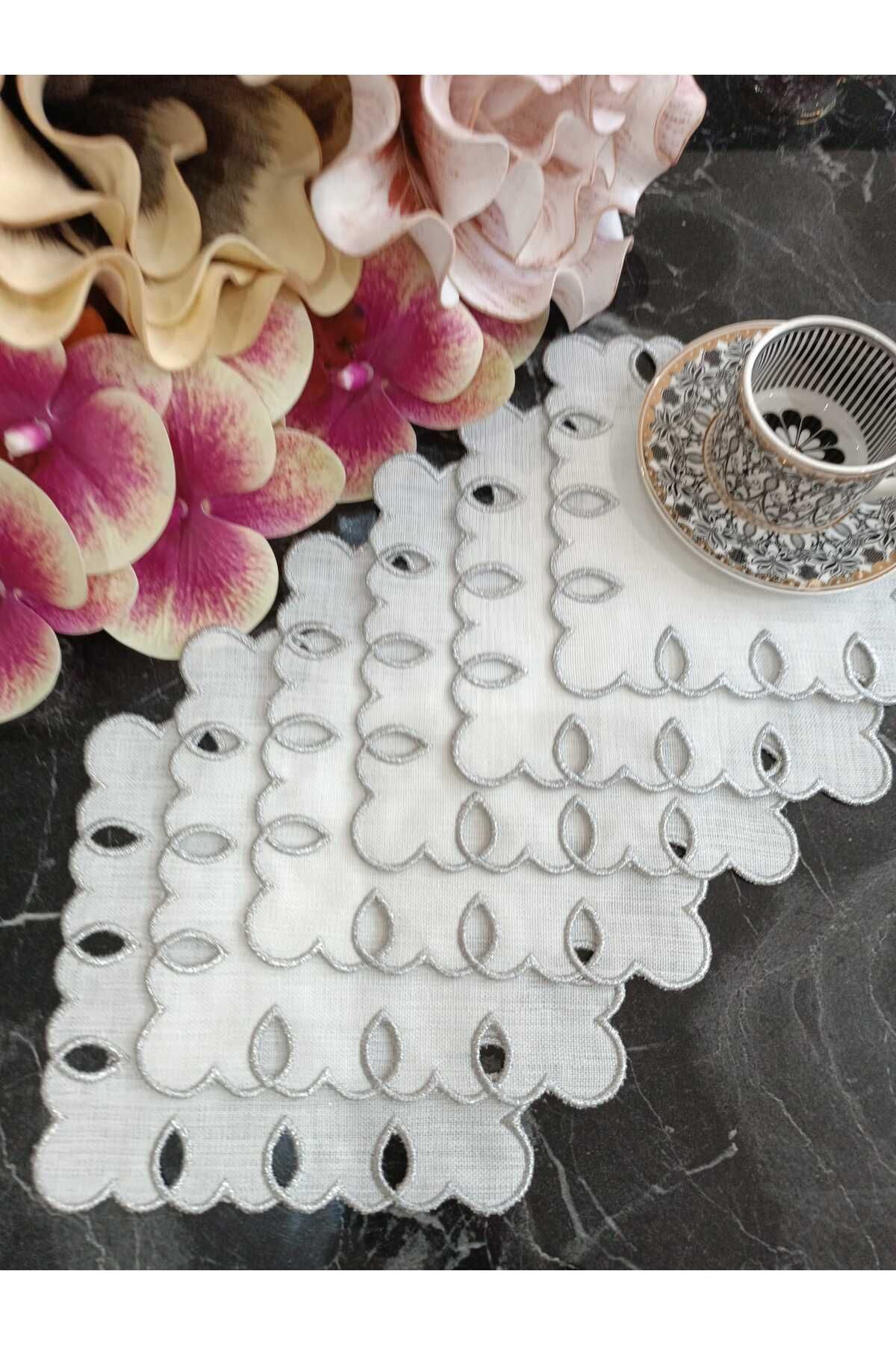 adreanna silver sim işlemeli kahve yanı, sunum peçetesi ve kokteyl peçetesi 6 adet gumus