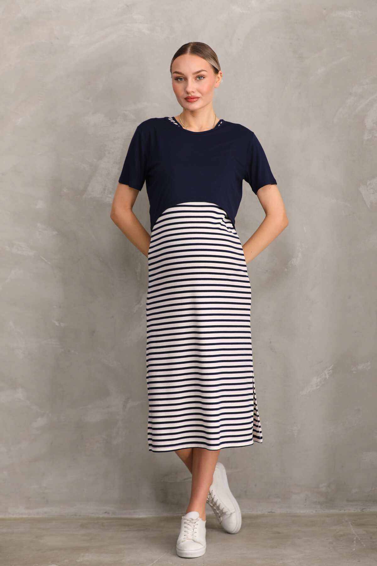 Miss Dünya Lissa Kısa Kol Çizgilli Fitilli Kaşkorse Hamile ve Lohusa Tişört Elbise Takımı fotoğrafı 5 (önizleme)