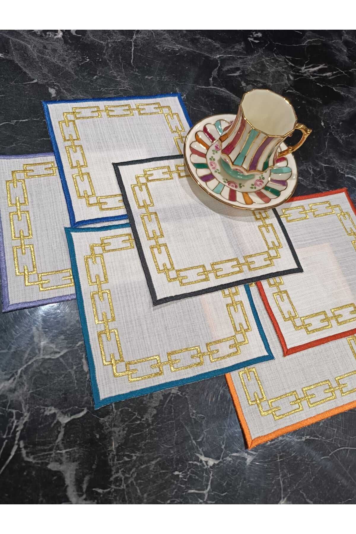 Zincir Desenli Renkli Simle Işlenmiş Kahve Yanı, Kokteyl, Sunum Peçetesi 6 Adet