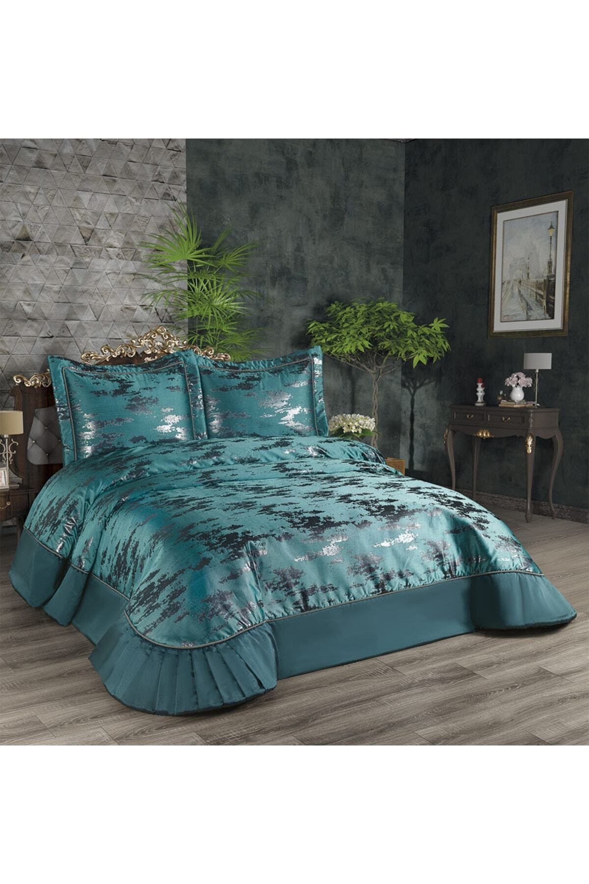 Elegante Valencia Yeşil-gümüş Çift Kişilik Çeyizlik Yatak Örtüsü 2