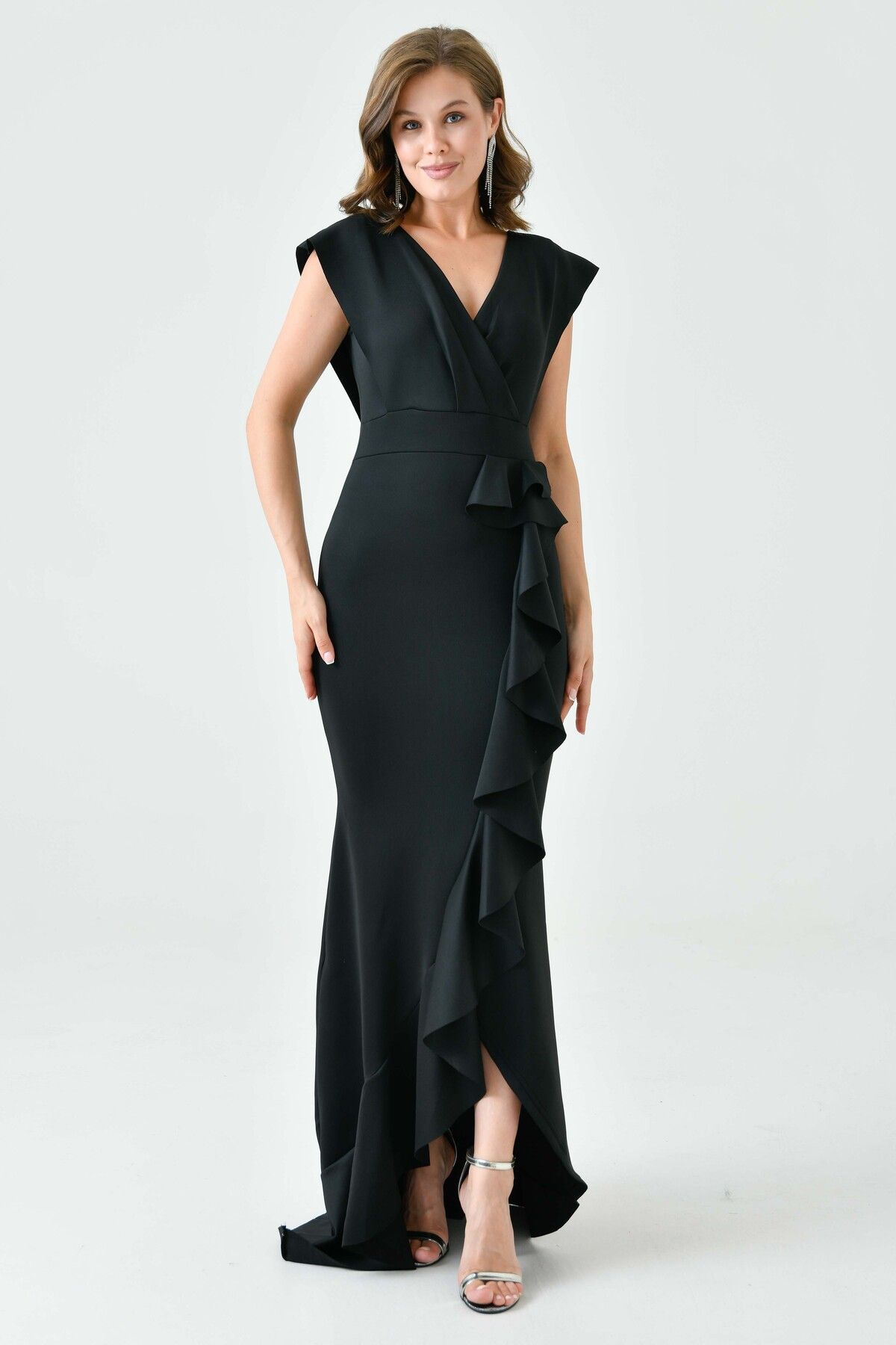 vuvutasarım-Flexibles, zweireihiges, kragenförmiges, Volant-Detail, schwarzes Maxi-Abendkleid 582443 7
