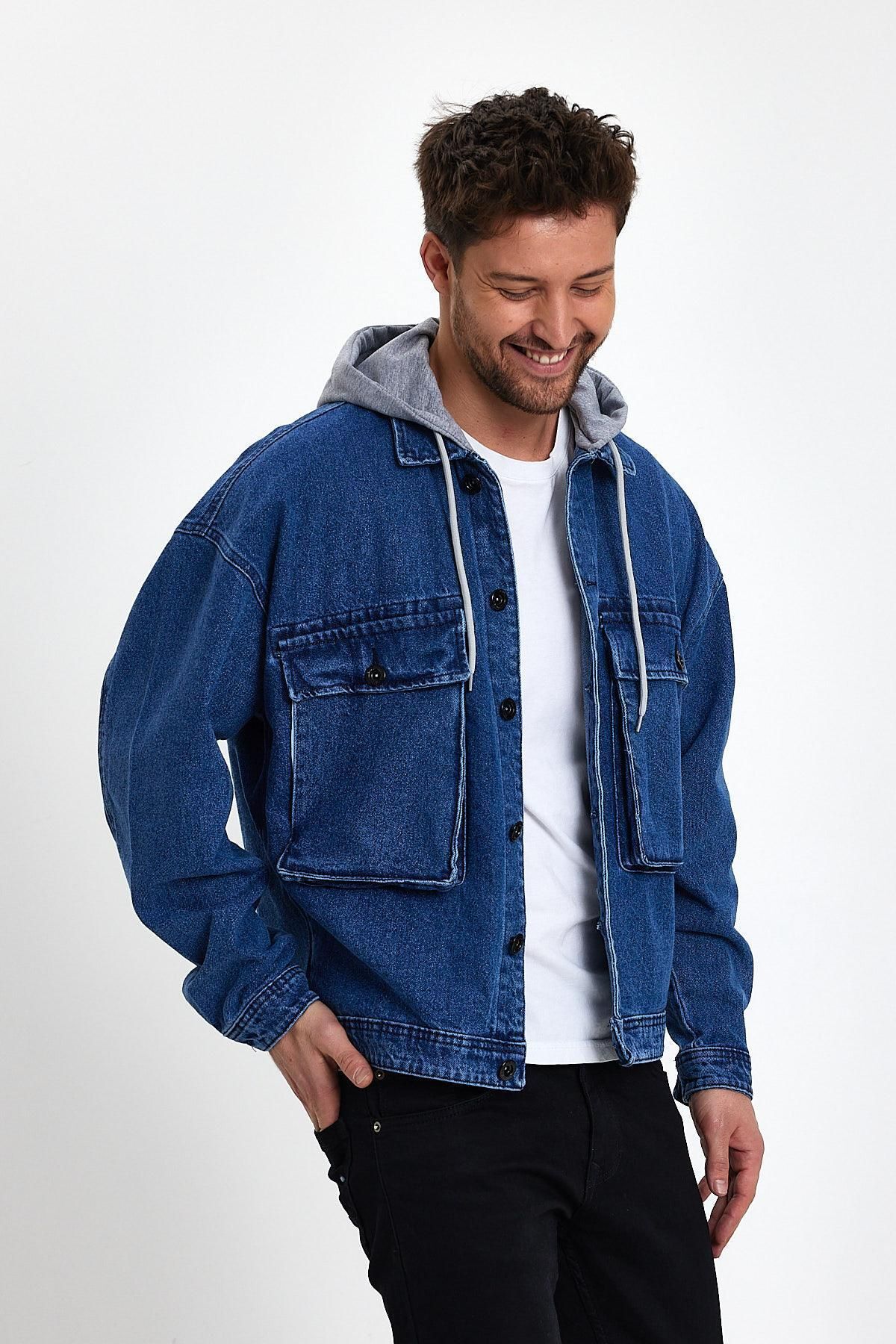 DAMGA JEANS Trendsetter Unisex Jean Oversize Kapşonlu Rahat Kot Ceket Mavi