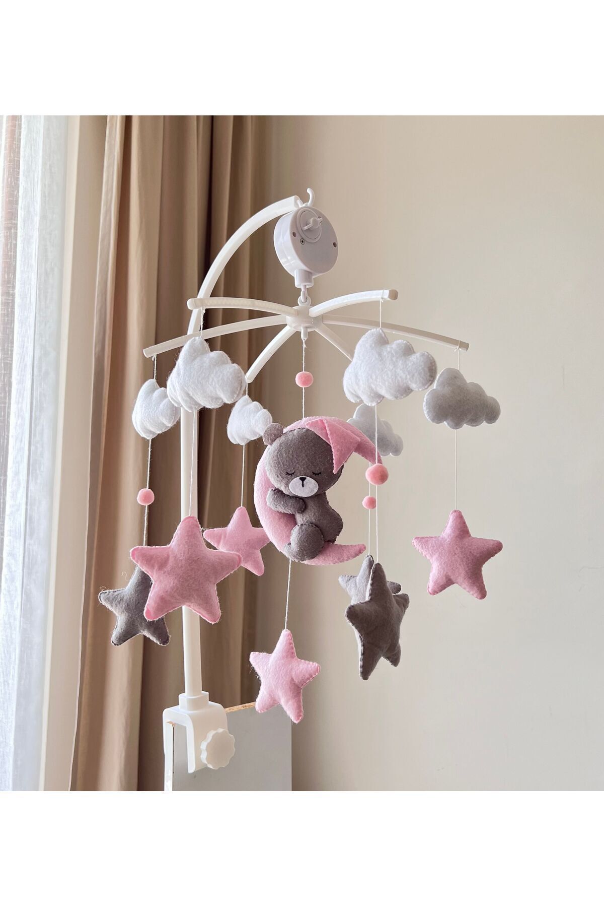 SefDen Lazer Kesim Atölyesi Pembe gri ayıcık figürlü kız bebek beşik dönencesi müzikli ve aparatlı fotoğrafı 2 (önizleme)