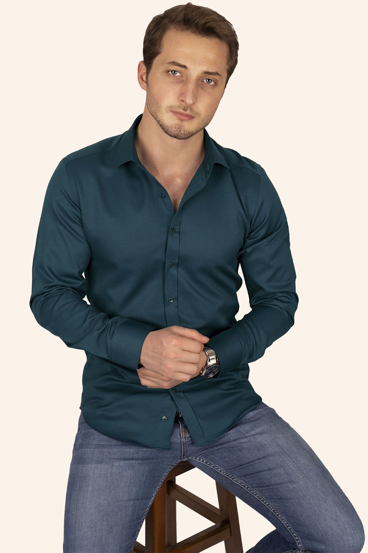 Etikmen-Smaragdově zelená Slimfit pánská košile - čtvercový knoflík, dárková krabička 4