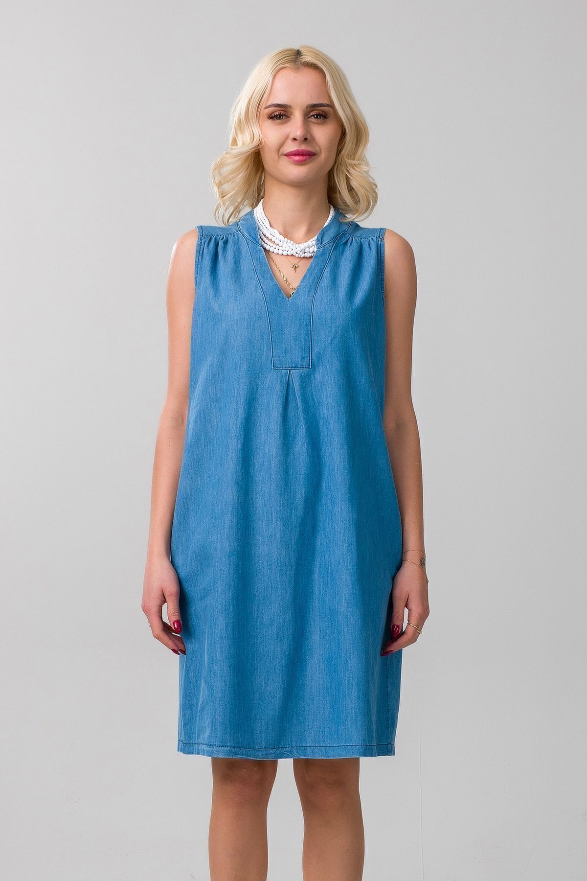 Bold & Young-Rochie de damă subțire din denim, din bumbac spălat, albastru deschis, cu buzunare 2