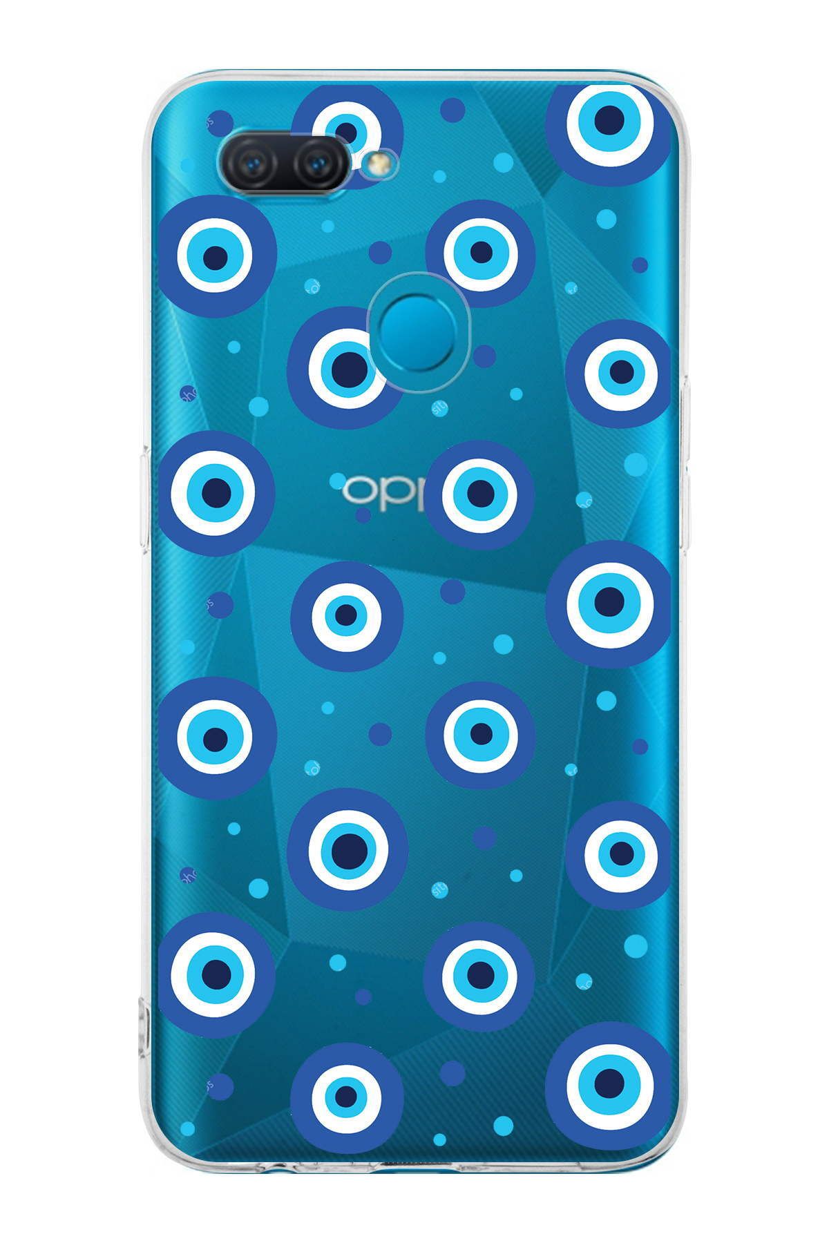 Oppo AX7 ile Uyumlu Nazar Boncuğu 1 Baskılı Kamera Korumalı Şeffaf Silikon Kılıf