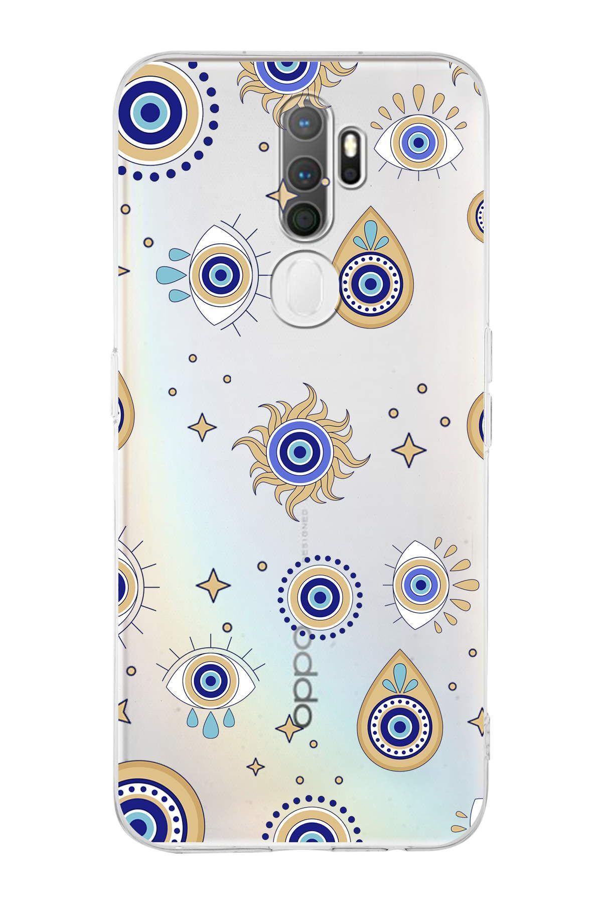 Oppo A5 2020 ile Uyumlu Nazar Boncuğu 5  Kamera Korumalı Şeffaf Silikon Kılıf