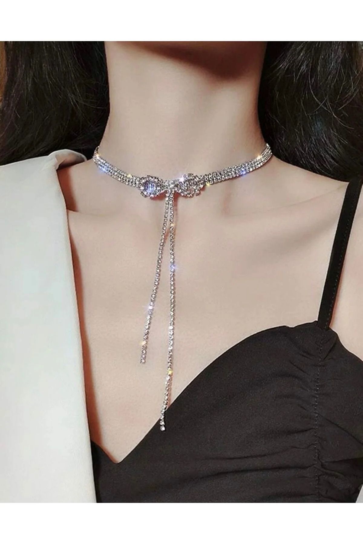 Gümüş Kaplama Su Yolu Taşlı Fiyonk Kolye Choker Kolye Nişan Kolye Parti Davet Kolye Sil