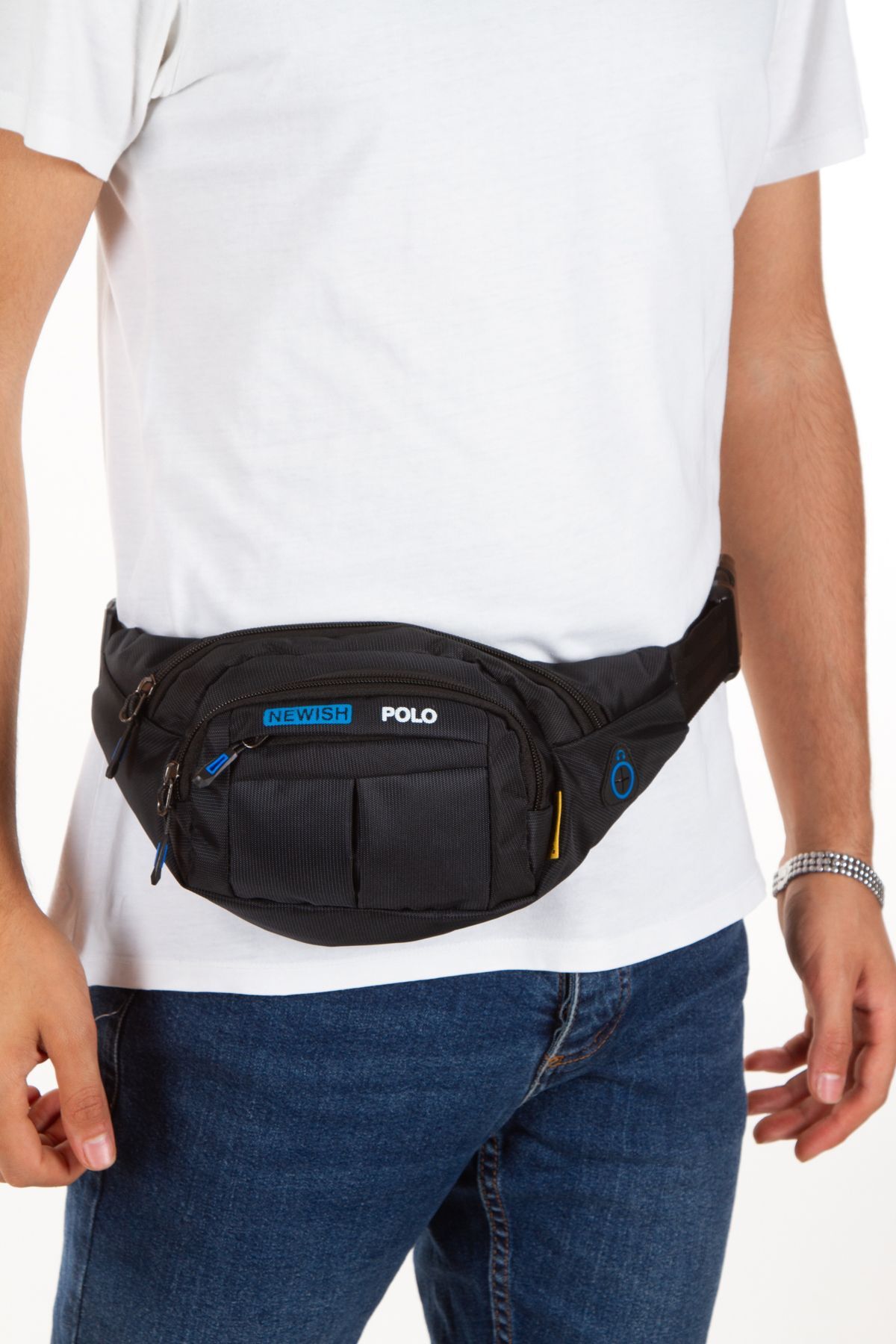 Newish Polo Unisex Siyah Mavi Su Geçirmez Usb Ve Kulaklık Girişli Bel Ve Omuz Çanta Freebag görsel 2