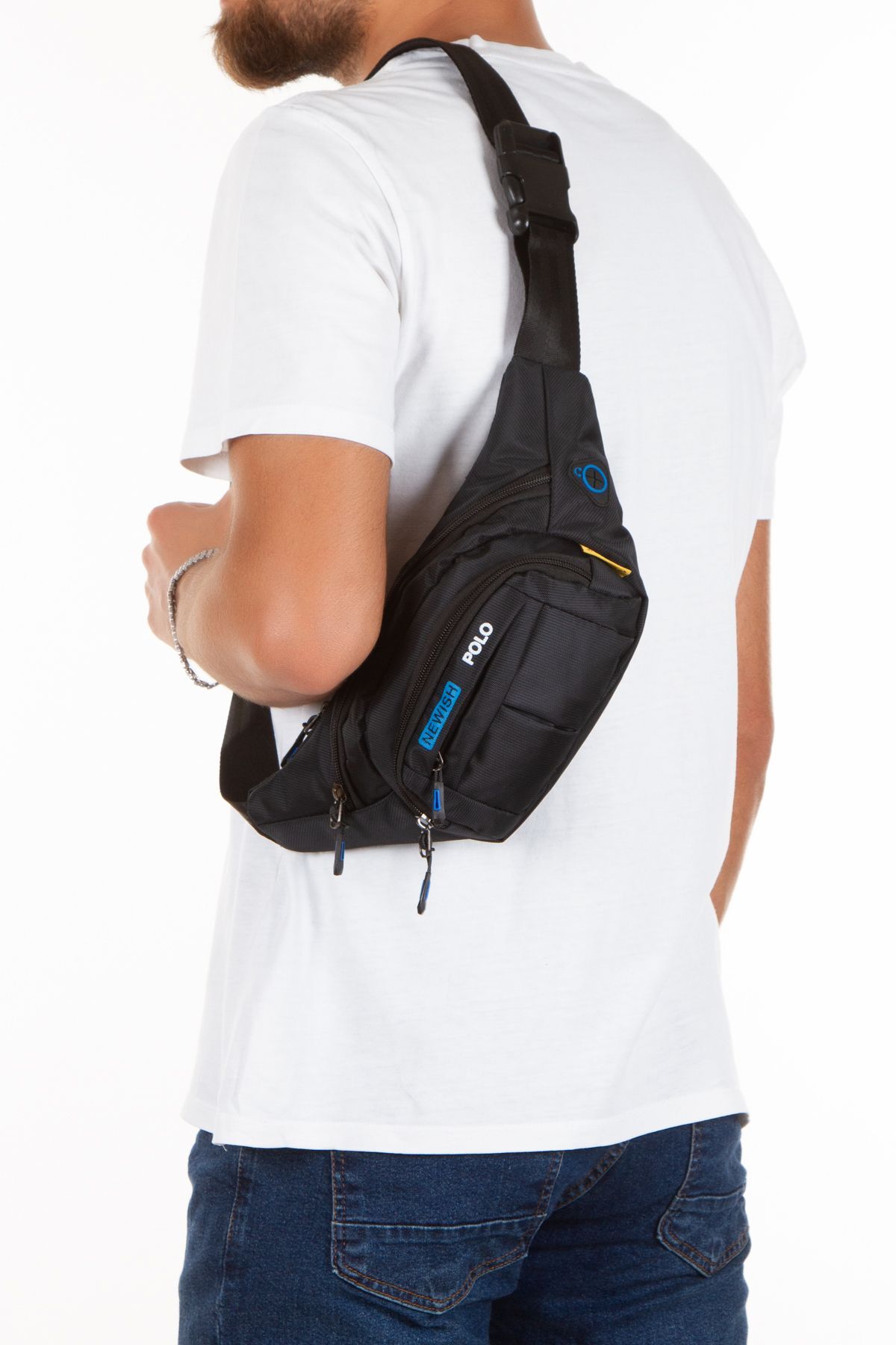 Newish Polo Unisex Siyah Mavi Su Geçirmez Usb Ve Kulaklık Girişli Bel Ve Omuz Çanta Freebag görsel 5