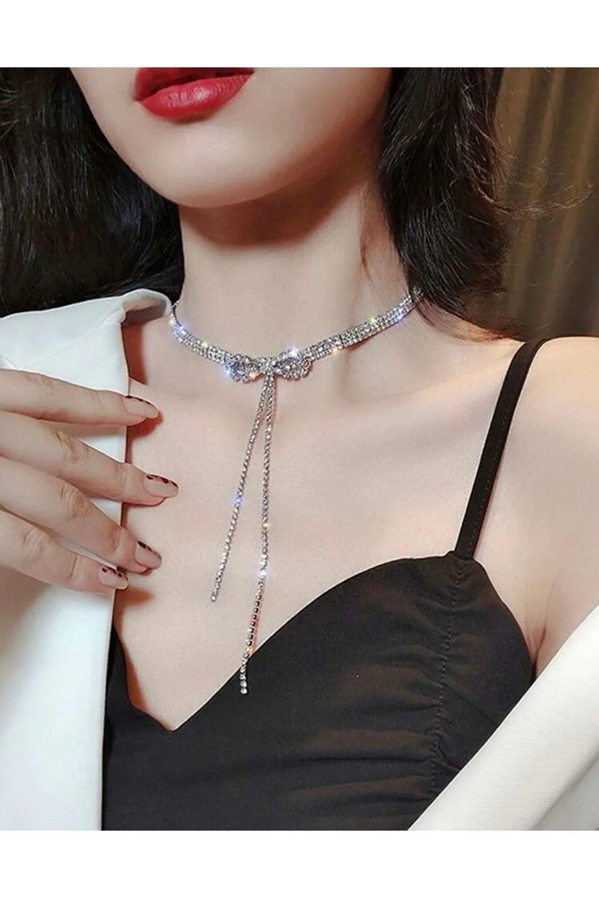 Gümüş Kaplama Su Yolu Taşlı Fiyonk Kolye Choker Kolye Nişan Kolye Parti Davet Kolye Sil