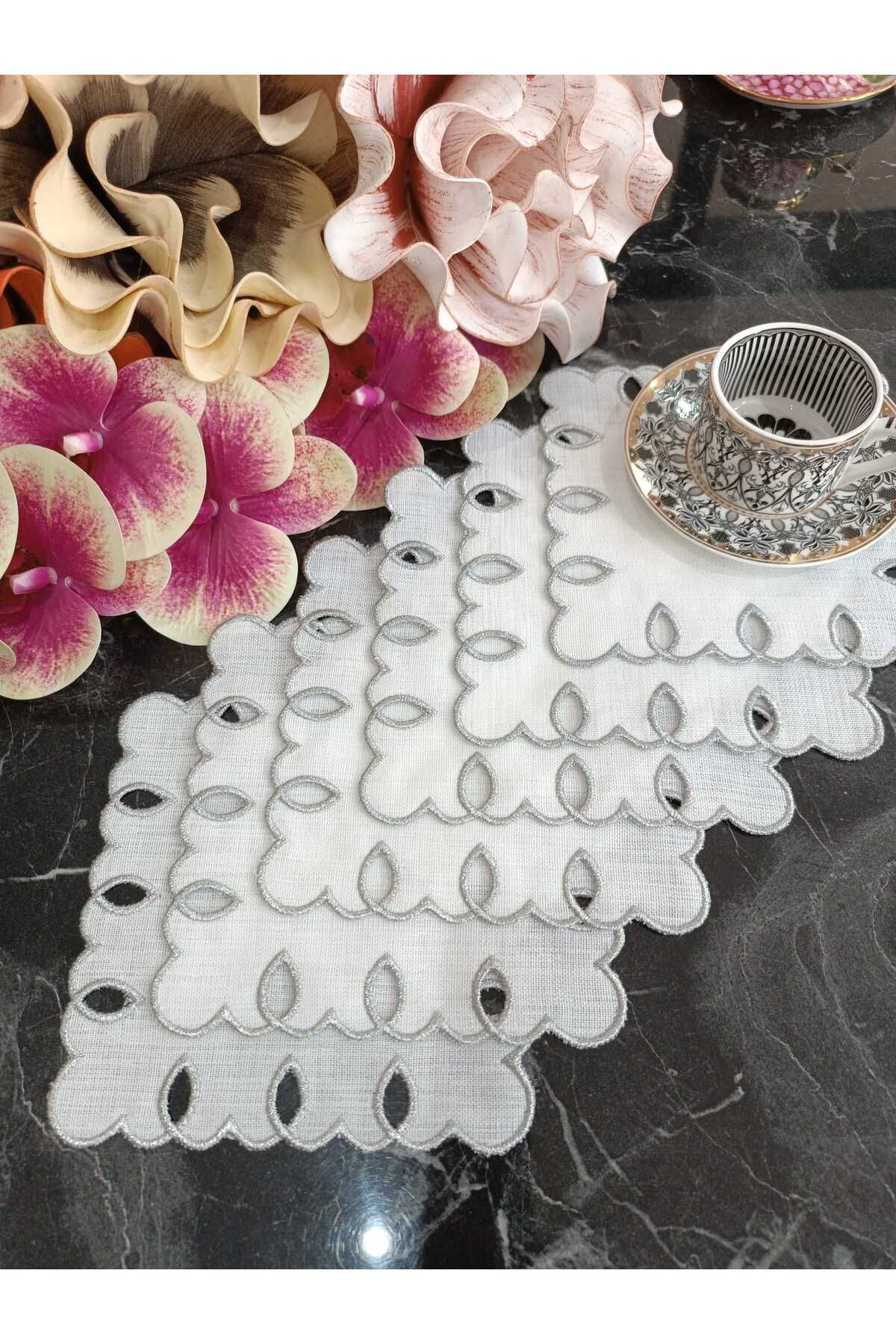 adreanna silver sim işlemeli kahve yanı, sunum peçetesi ve kokteyl peçetesi 6 adet gumus