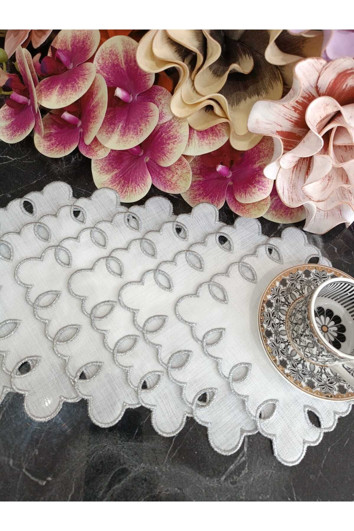 adreanna silver sim işlemeli kahve yanı, sunum peçetesi ve kokteyl peçetesi 6 adet gumus