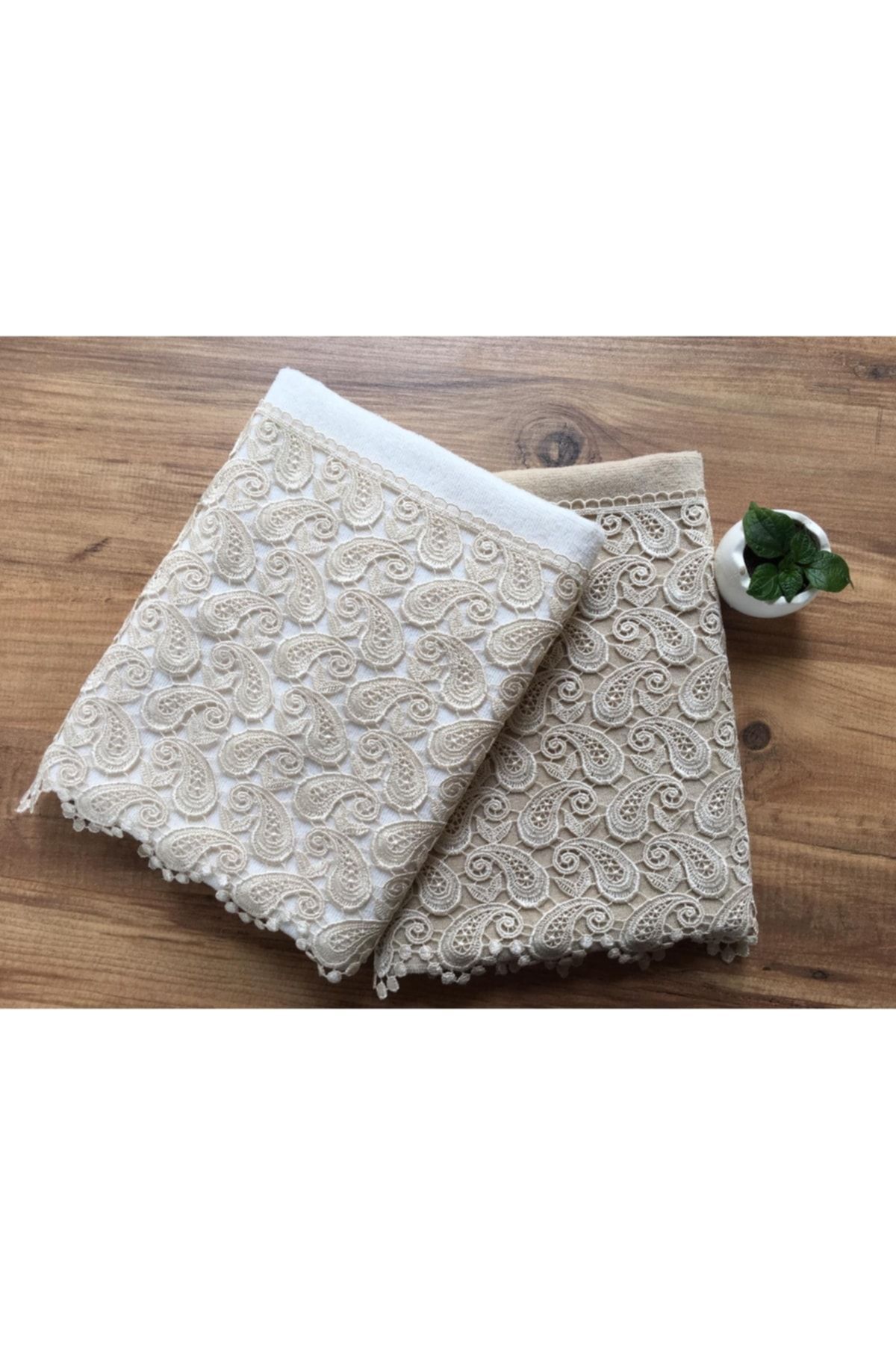 Çeyiz Bahçesi Set De Prosoape Din Catifea Damla Din 2 Piese Cremă Cappuccino - One Size