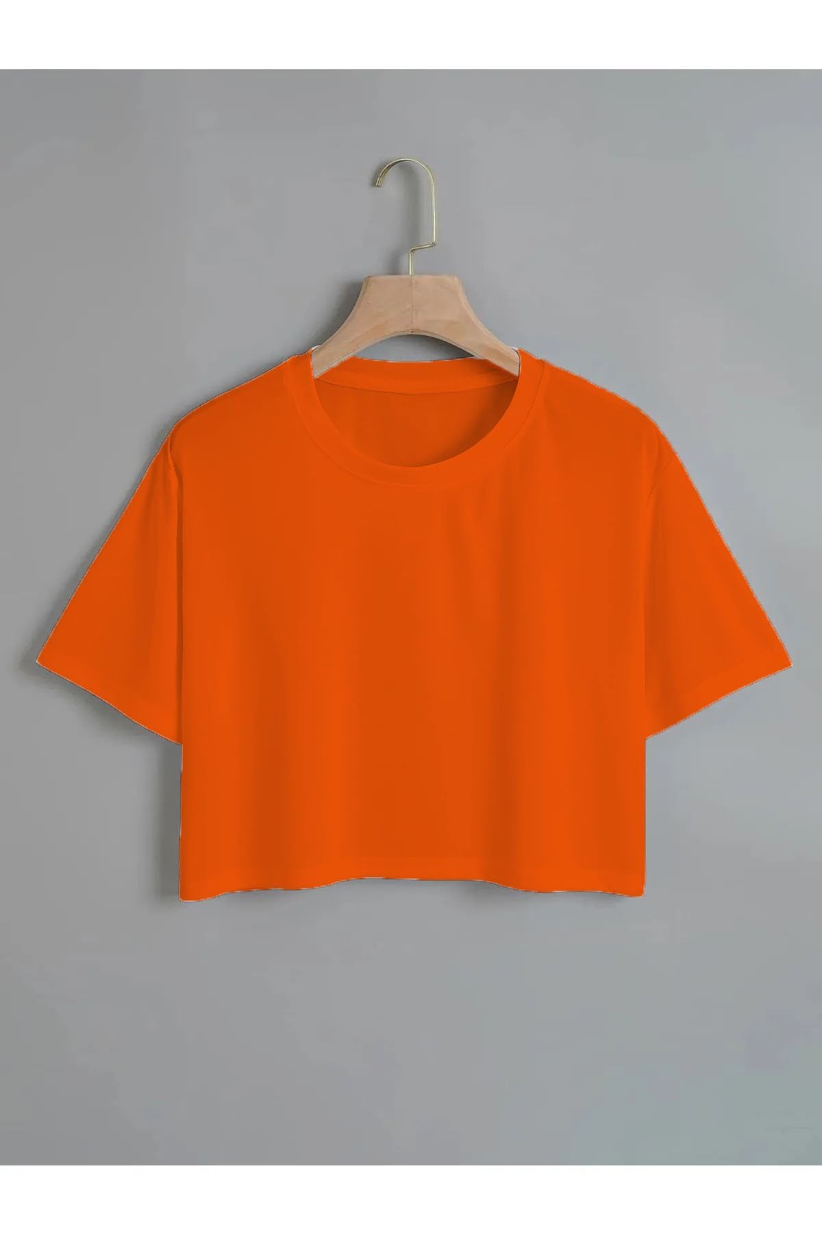 Women's Straight Crew Neck Short Oversize Crop Orange T-shirt
