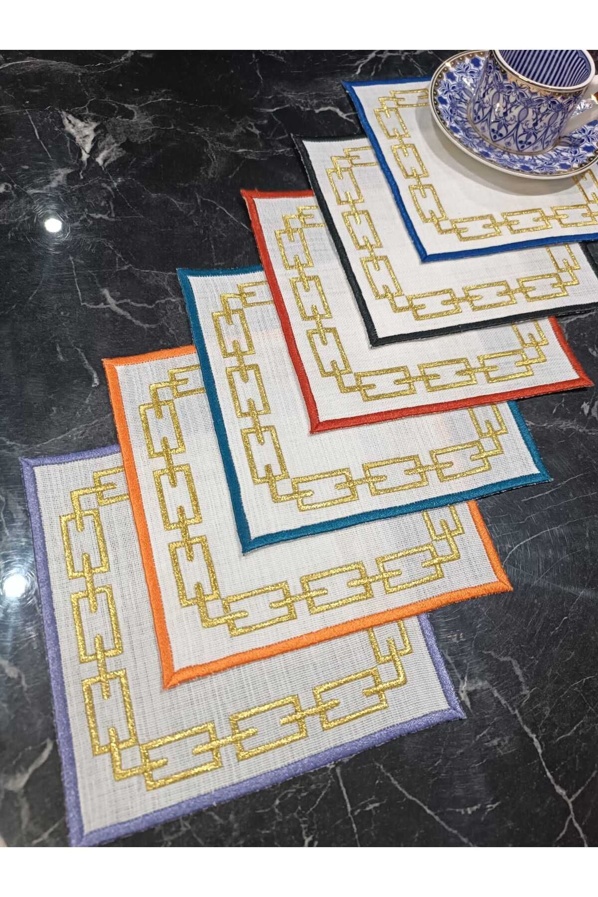 Zincir Desenli Renkli Simle Işlenmiş Kahve Yanı, Kokteyl, Sunum Peçetesi 6 Adet