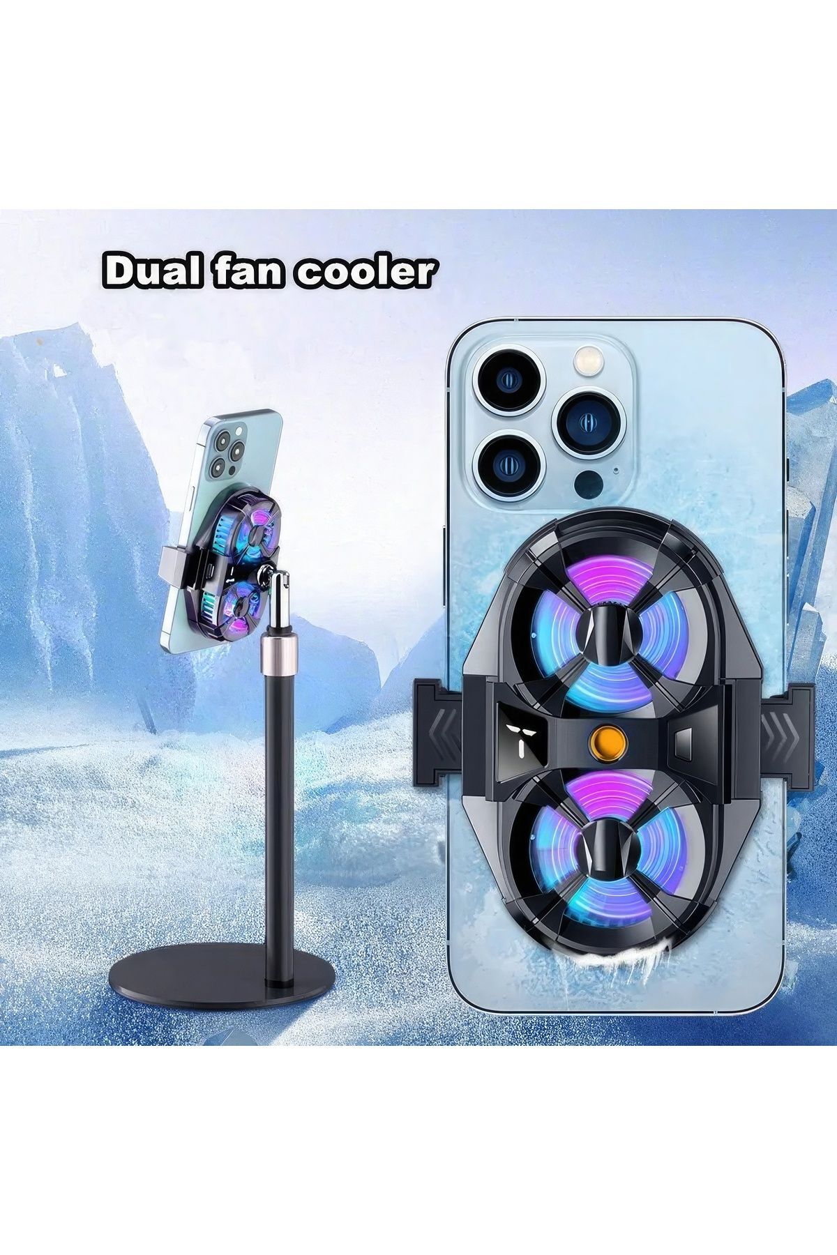 ÇİFT FANLI RGB IŞIKLI ALİMİNYUM TELEFON SOGUTMA SİSTEMİ (GAMİNG-TİKTOK-YOUTUBE-İNSTAGRAM)ULTRA GÜÇLÜ 8