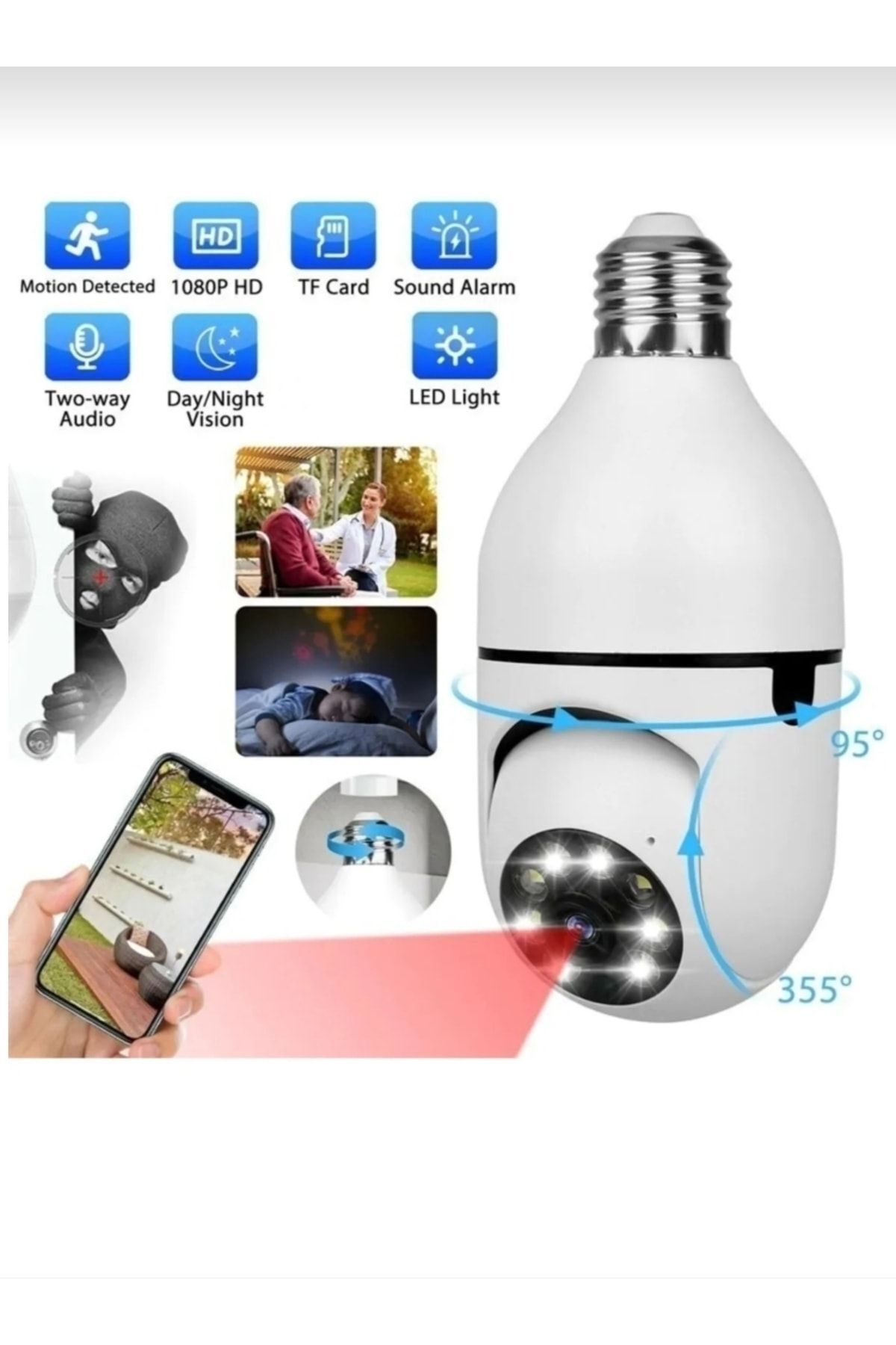 Genel Markalar Ampul Kamera Gece Görüşlü 360 Derece Led Işık 1080p Wifi Kamera Kablosuz Ev Güvenlik Kamersı